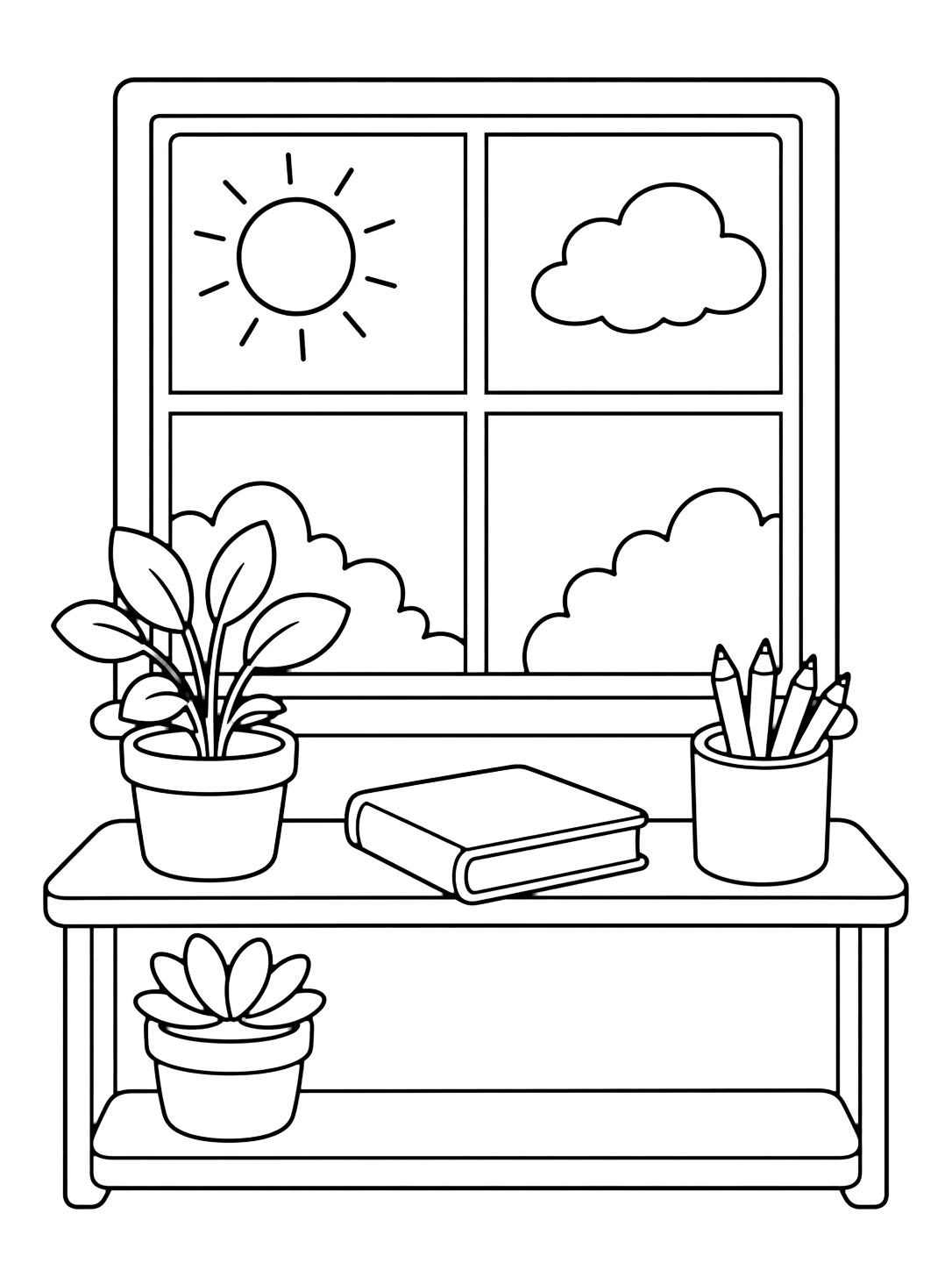 classroom window and plant shelf coloring page with a sunny classroom window with a simple plant shelf, two potted plants, one closed book, and a pencil cup for kids
