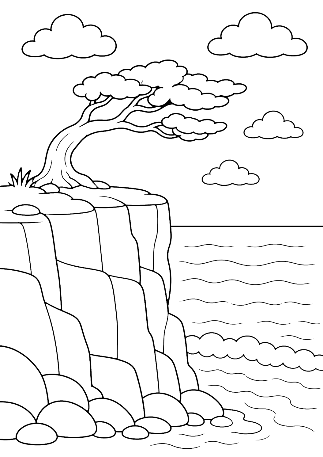 a windswept tree on an ocean cliff coloring page with one windswept tree growing on the top edge of a high ocean cliff, with a broad cliff face below, a simple ocean horizon, wave curves, broad clouds, and open sky for kids