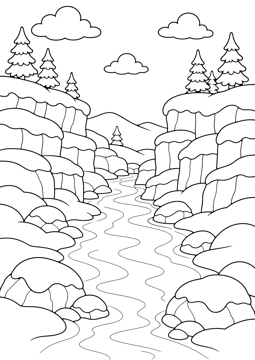 Coloriage avec une scène de rivière hivernale avec rivière d'hiver dans un canyon, des contours nets, de larges berges enneigées, de l'eau courante, des bords glacés, des arbres, des rochers, du ciel et des détails naturels simples. Idéal pour enfants, thèmes d'hiver, impression et coloriage en ligne.