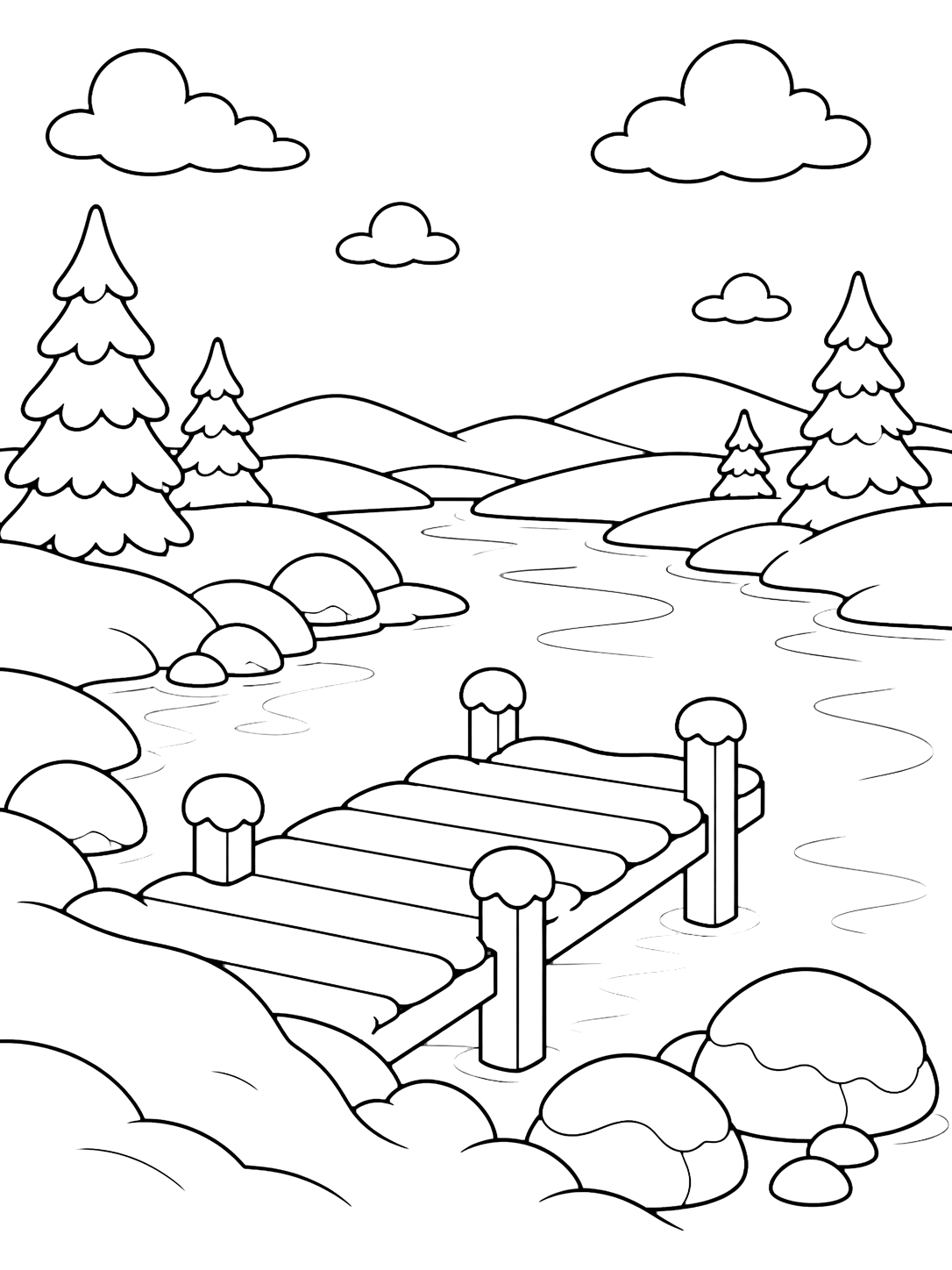 Ausmalbild mit eine winterliche Flussszene mit steg am winterlichen Fluss, klaren Konturen, breiten verschneiten Ufern, fließendem Wasser, Eisrändern, Bäumen, Felsen, Himmel und einfachen Naturdetails. Geeignet für Kinder, Winterthemen, Ausdrucke und Online-Ausmalen.