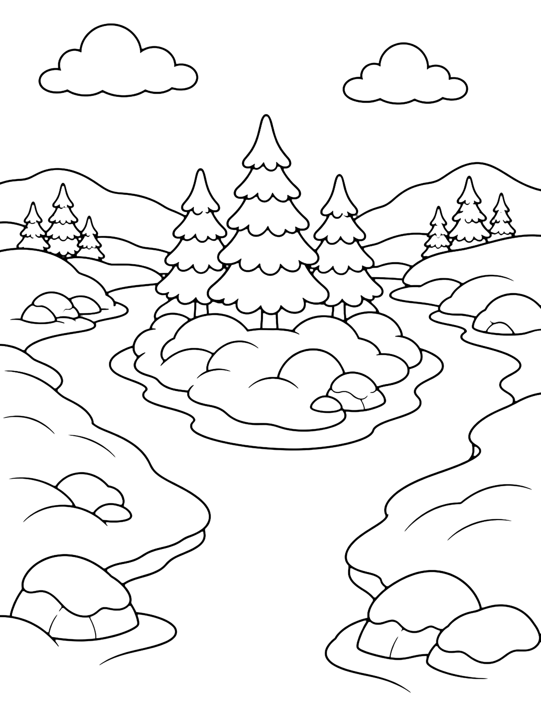 Ausmalbild mit eine winterliche Flussszene mit insel im winterlichen Fluss, klaren Konturen, breiten verschneiten Ufern, fließendem Wasser, Eisrändern, Bäumen, Felsen, Himmel und einfachen Naturdetails. Geeignet für Kinder, Winterthemen, Ausdrucke und Online-Ausmalen.