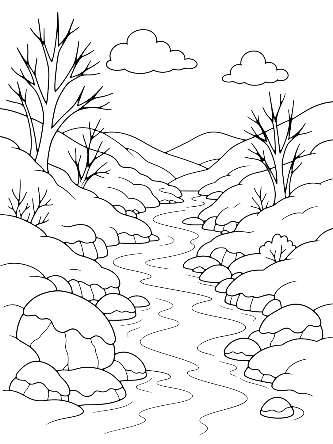 Ausmalbild mit eine winterliche Flussszene mit winterfluss in einer Schlucht, klaren Konturen, breiten verschneiten Ufern, fließendem Wasser, Eisrändern, Bäumen, Felsen, Himmel und einfachen Naturdetails. Geeignet für Kinder, Winterthemen, Ausdrucke und Online-Ausmalen.