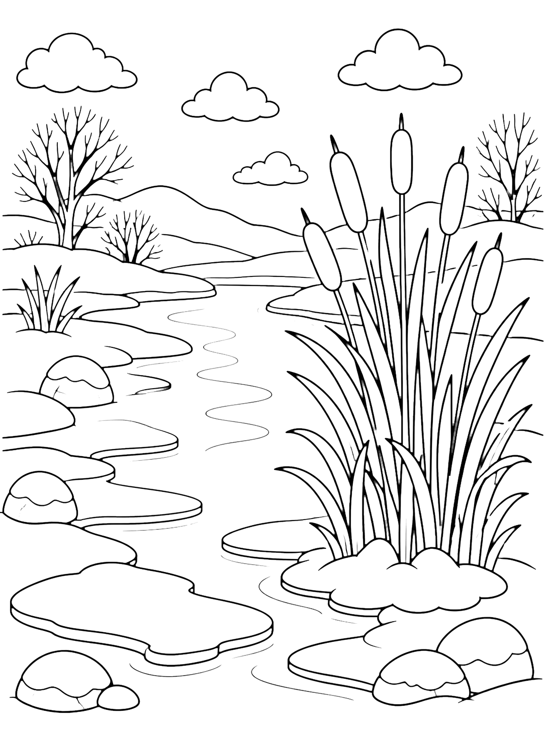 winter river reeds coloring page with a slow winter river beside tall simple reeds, with snow gathered at the reed bases, rounded ice patches near the bank, smooth stones, bare winter trees, distant hills, and a bright open sky for kids
