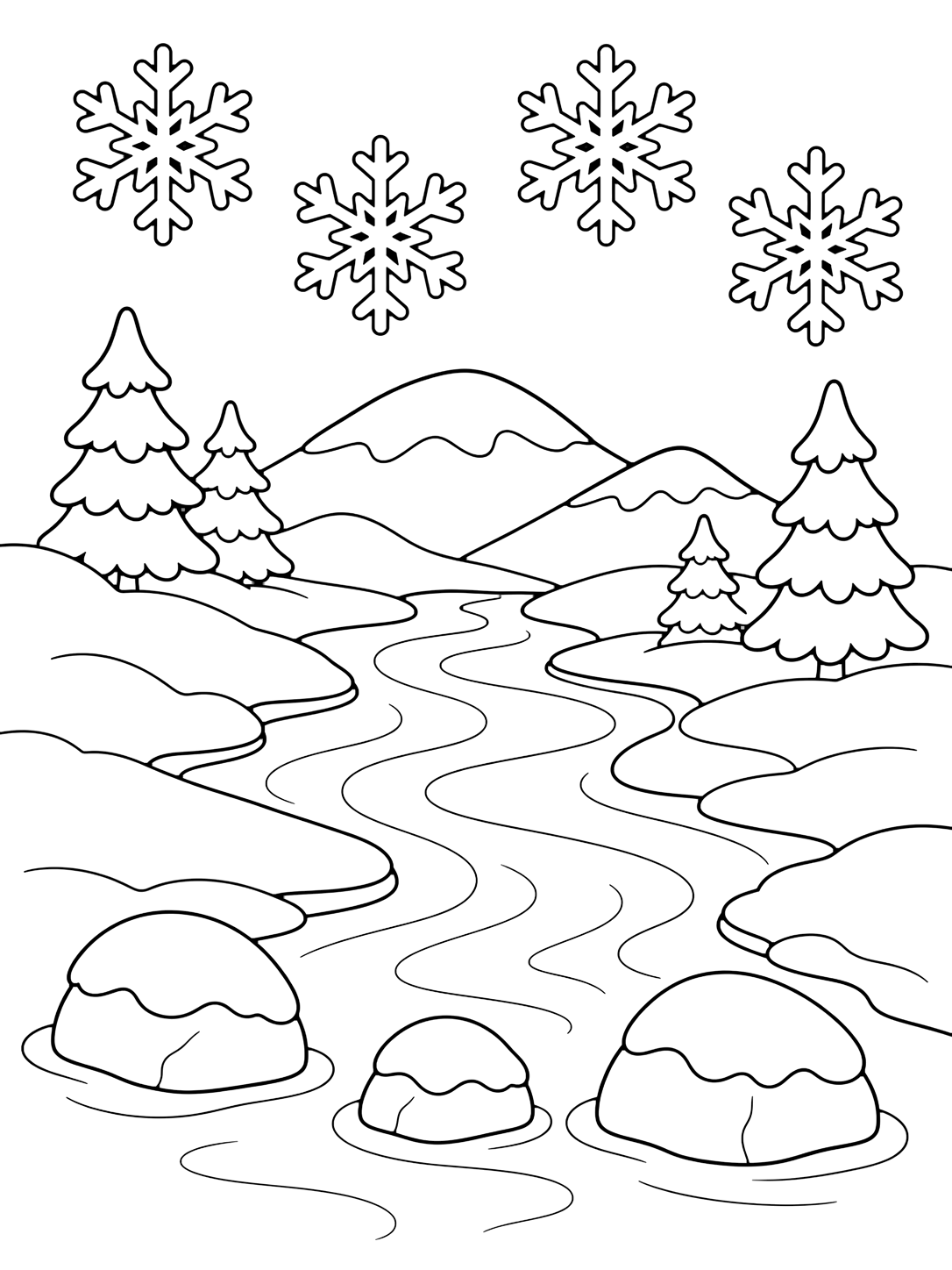 Disegno da colorare con una scena di fiume invernale con fiocchi di neve sul fiume invernale, contorni puliti, ampie rive innevate, acqua corrente, bordi ghiacciati, alberi, rocce, cielo e semplici dettagli naturali. Adatto a bambini, inverno, stampa e colorazione online.