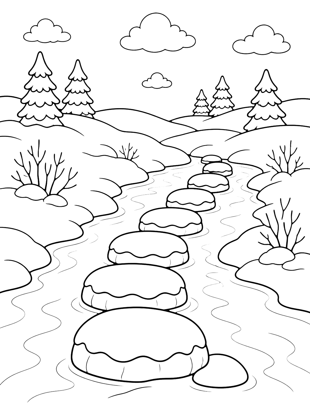 Disegno da colorare con una scena di fiume invernale con pietre di passaggio nel fiume invernale, contorni puliti, ampie rive innevate, acqua corrente, bordi ghiacciati, alberi, rocce, cielo e semplici dettagli naturali. Adatto a bambini, inverno, stampa e colorazione online.