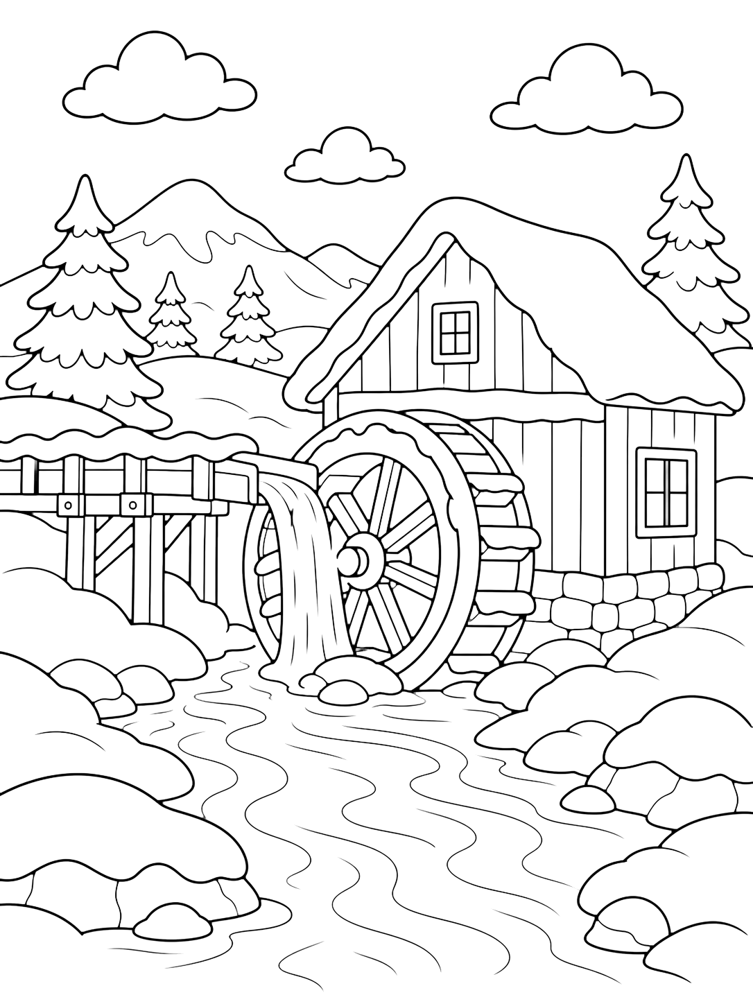 Ausmalbild mit eine winterliche Flussszene mit wassermühle am winterlichen Fluss, klaren Konturen, breiten verschneiten Ufern, fließendem Wasser, Eisrändern, Bäumen, Felsen, Himmel und einfachen Naturdetails. Geeignet für Kinder, Winterthemen, Ausdrucke und Online-Ausmalen.