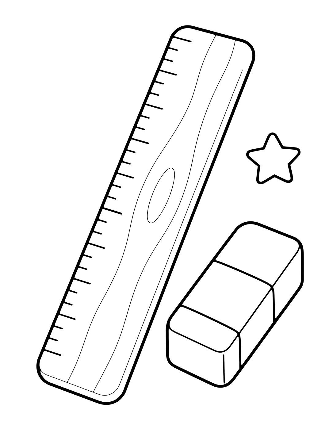 Ausmalbild mit das Motiv "Holzlineal und Radiergummi" mit einem großen klaren Schullineal, einfachen Formen und viel freiem Platz. Geeignet für Kinder, Schulstart, Ausdrucke und Online-Ausmalen.