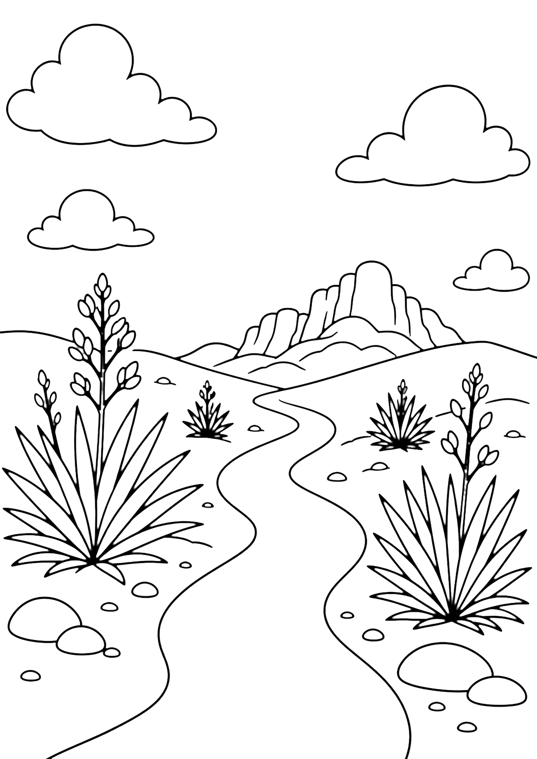 Ausmalbild mit einem Wüstenpfad und ein geschwungener Wüstenpfad zwischen mehreren großen einfachen Yucca-Pflanzen, mit einigen runden Steinen, niedrigen sandigen Hügeln, einem fernen Felskamm und weitem Himmel. Geeignet für Kinder, Naturthemen, Ausdrucke und Online-Ausmalen.