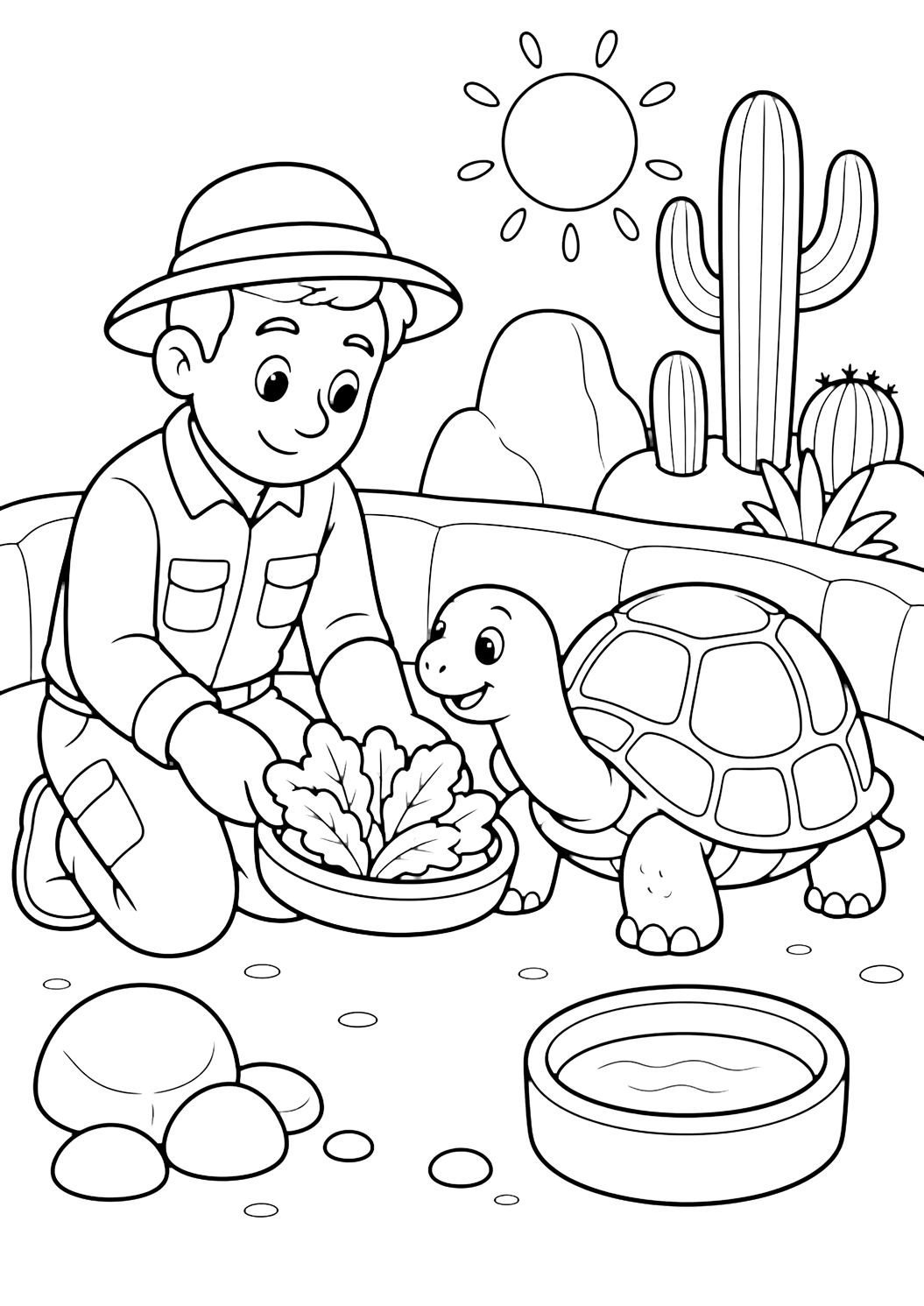 Cuidador atendiendo a una tortuga para colorear