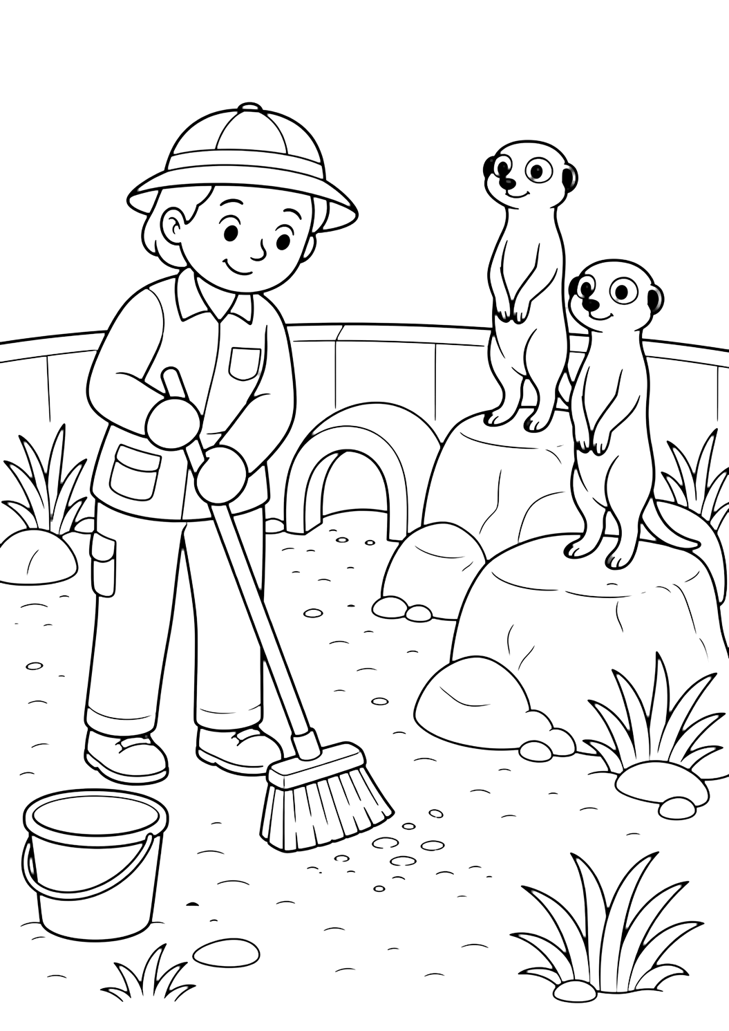Cuidador limpiando hábitat de suricatas para colorear