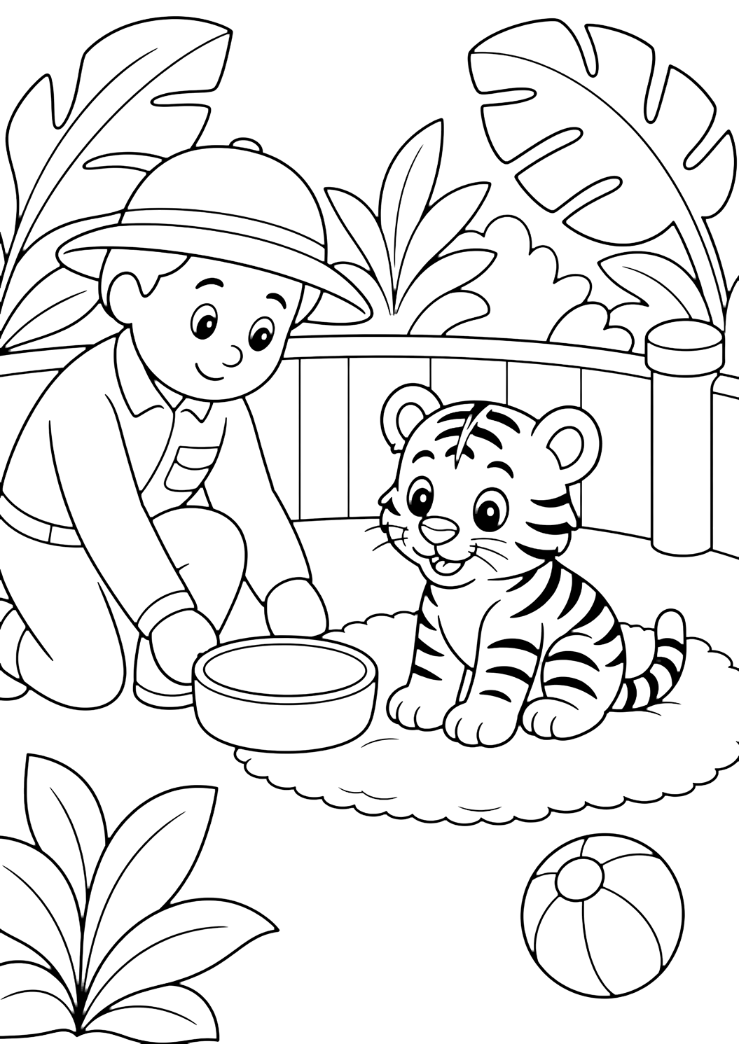 Cuidador con cachorro de tigre para colorear