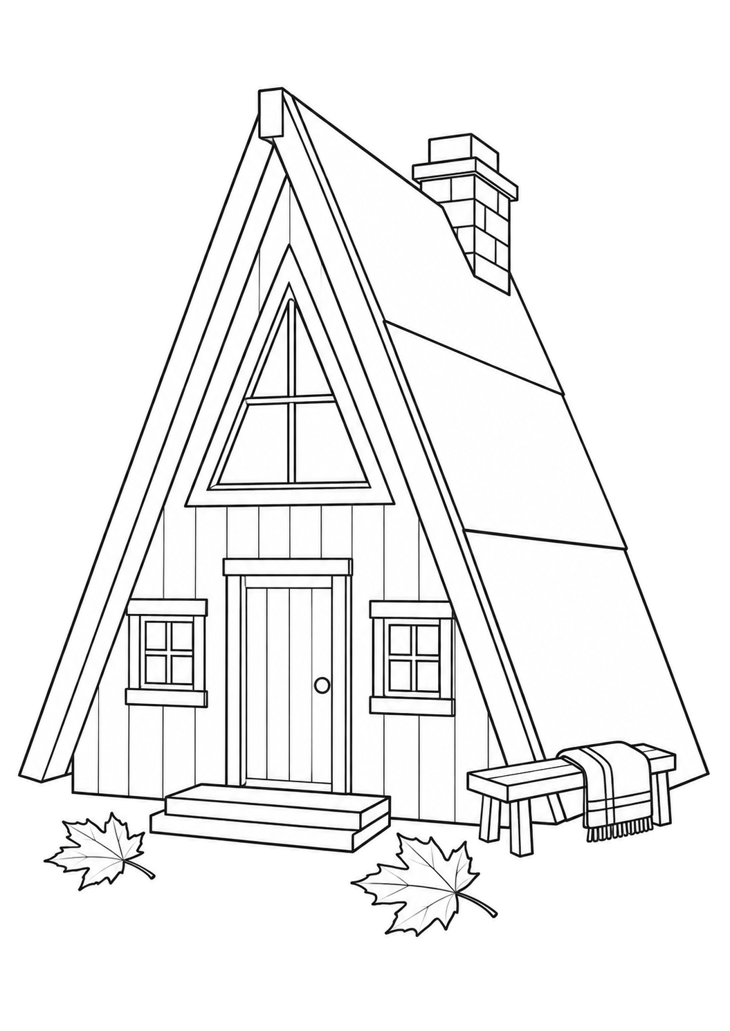 Chalet triangulaire avec une grande fenêtre, une couverture rayée sur un banc et deux feuilles d’érable tombées.
