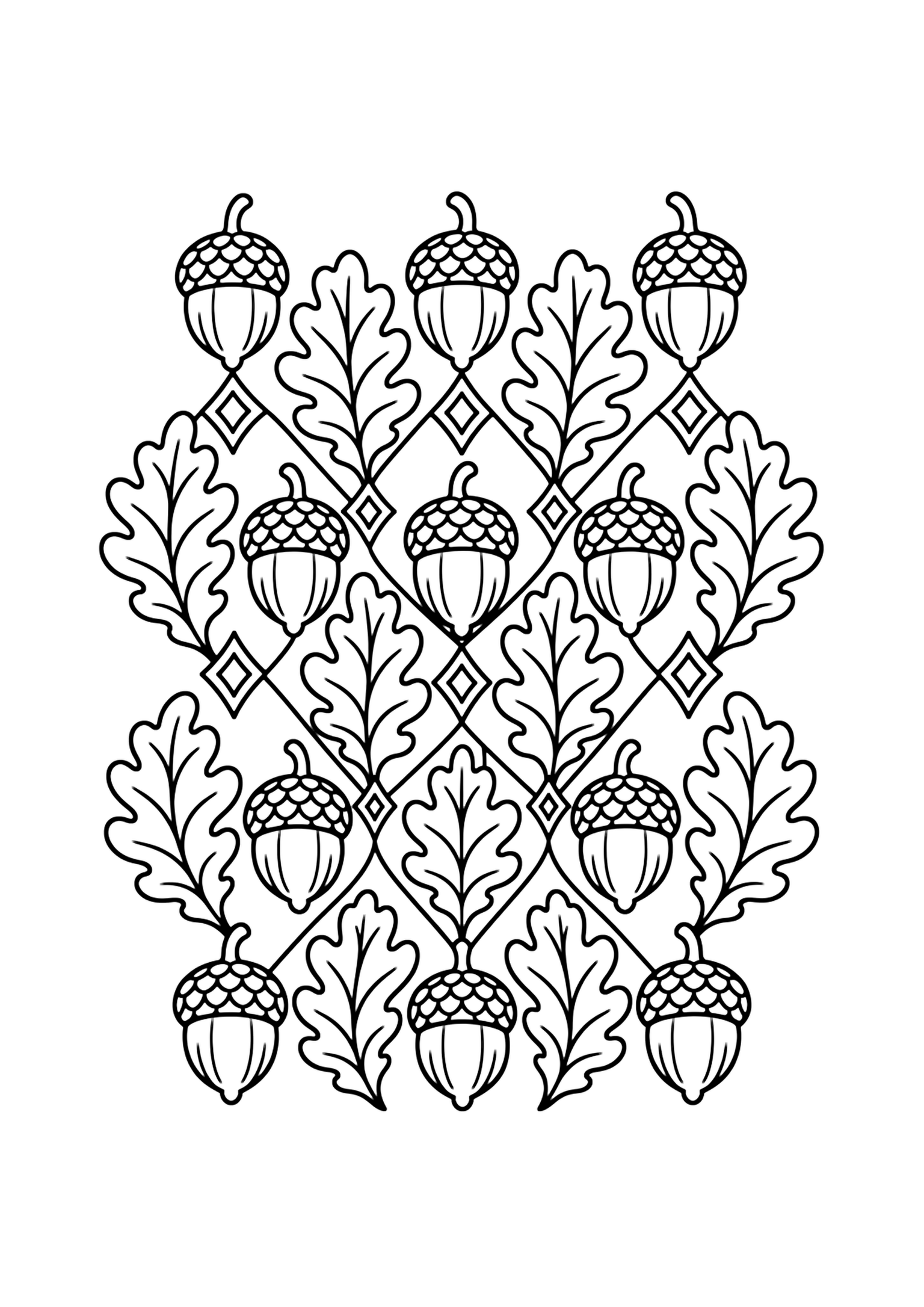 Ornamentmuster mit Eicheln und Eichenblättern – Ausmalbild