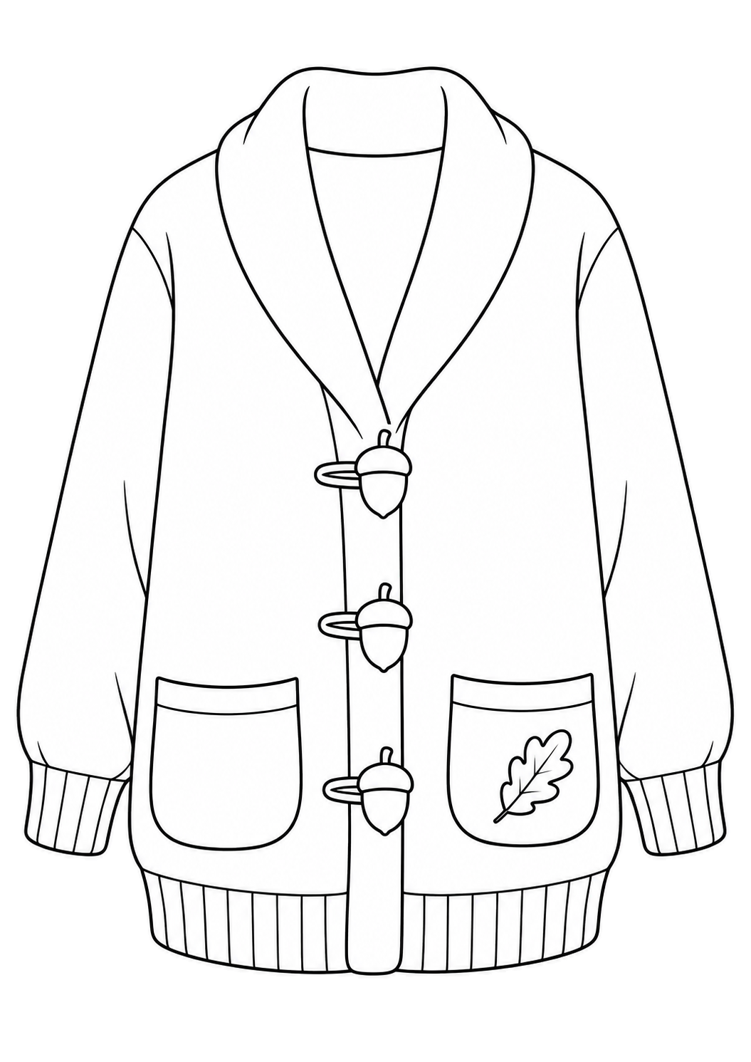Long gilet à col châle avec des attaches en forme de glands, deux poches plaquées et un motif de feuille de chêne.