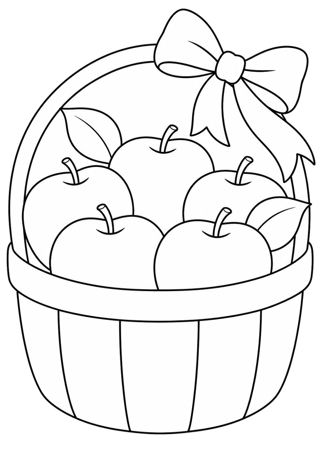 A round harvest basket with five apples, two leaves and a large bow on the handle.