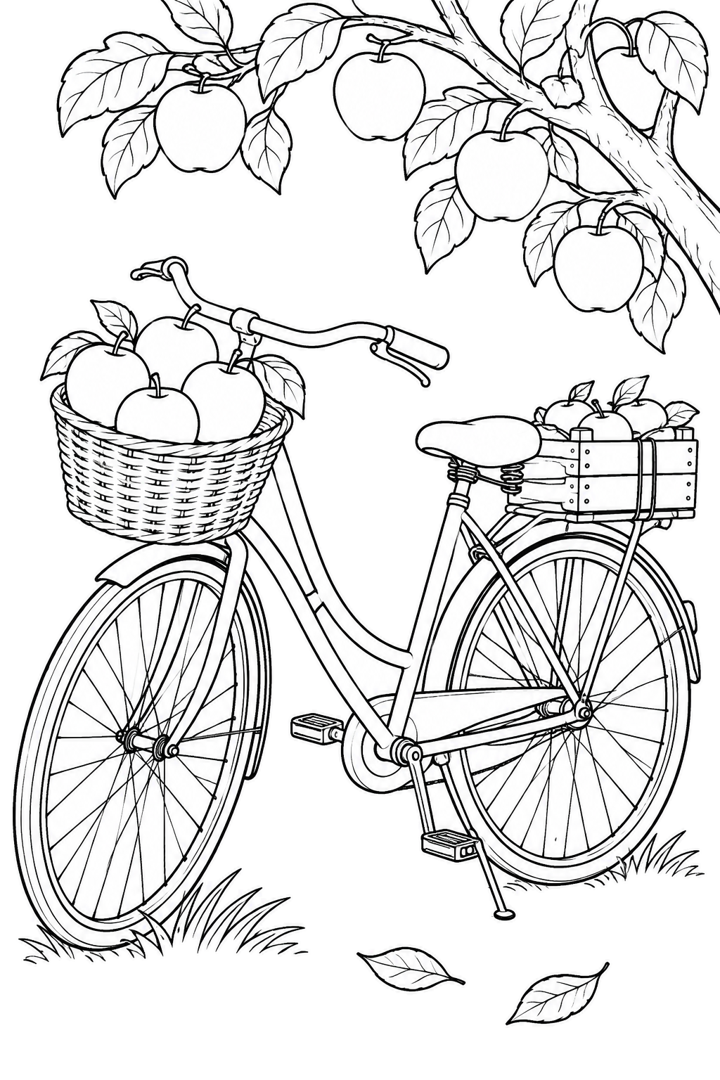 Vélo ancien chargé de pommes dans son panier avant et sa caisse arrière sous une branche