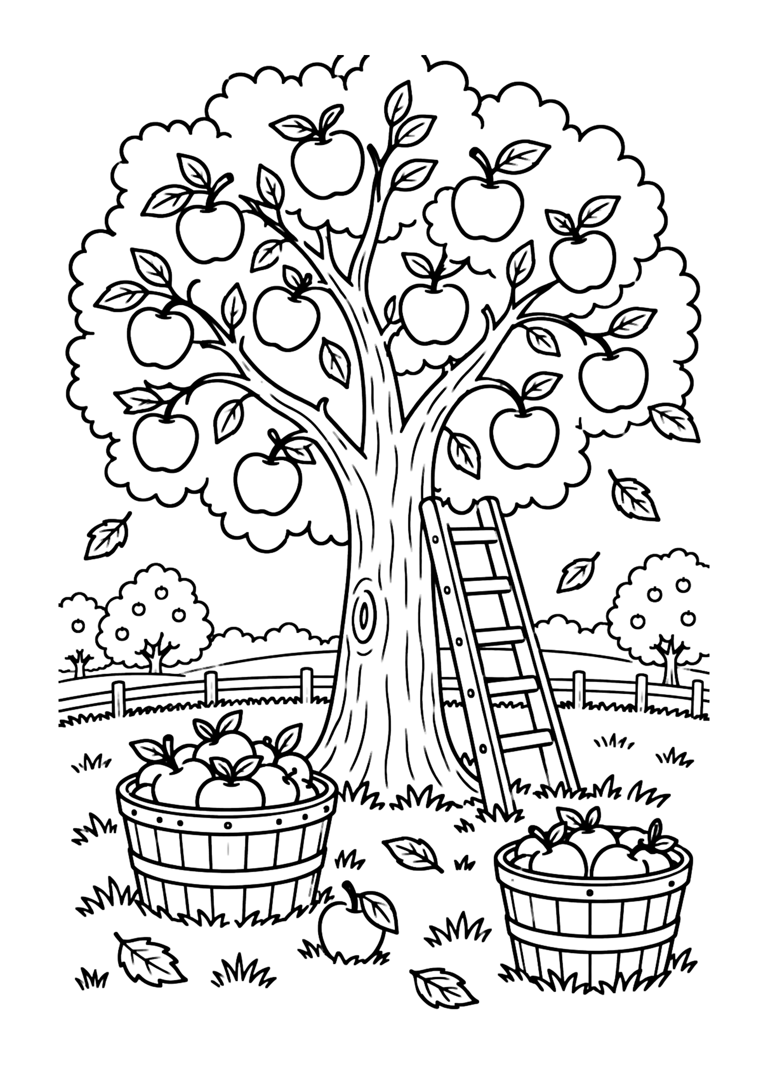 Recogida de manzanas para colorear muestra un huerto de otoño con un gran manzano, una escalera segura, cestas llenas de manzanas, hierba y hojas que caen.