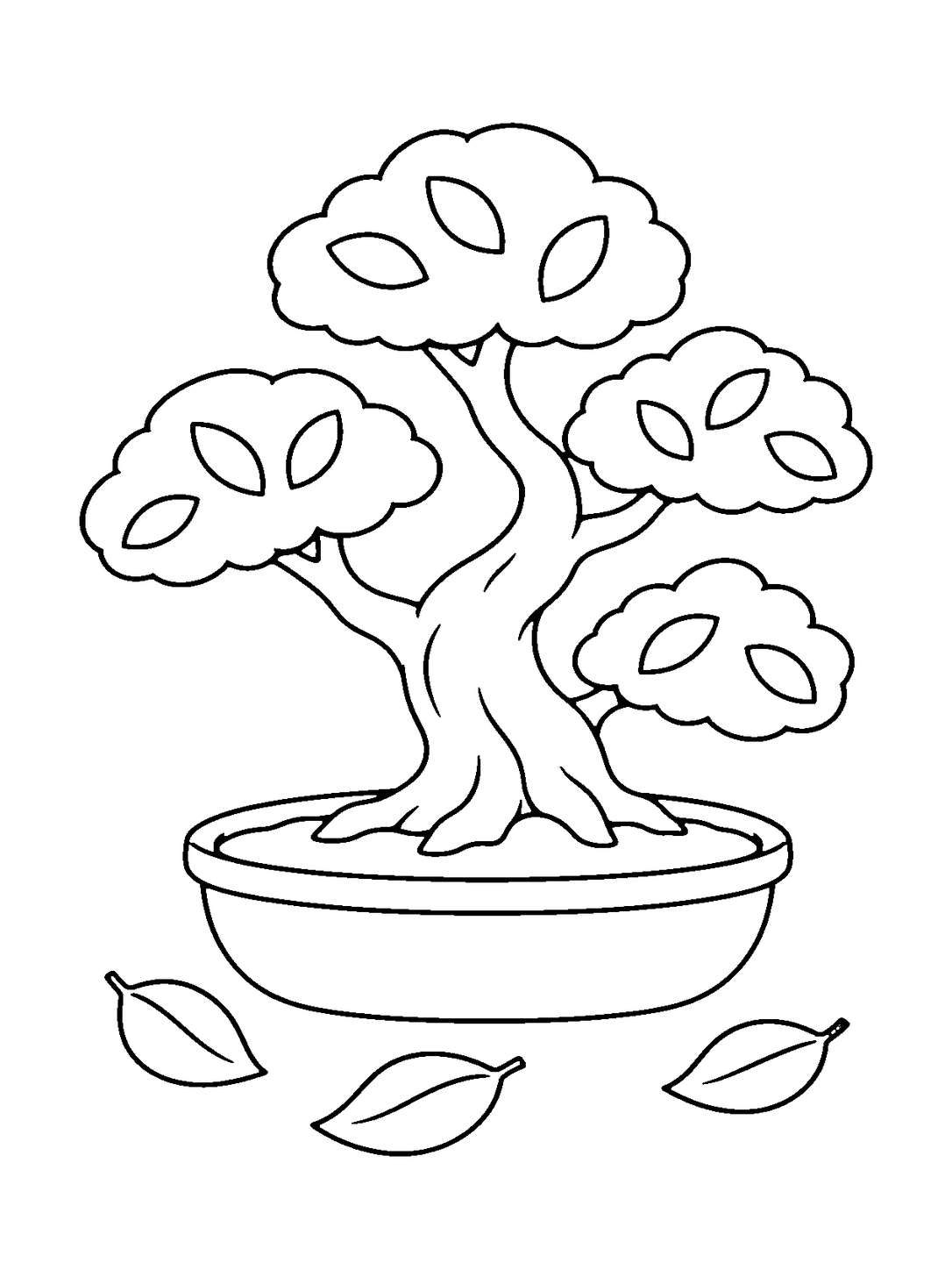 Autumn Bonsai Tree in a Shallow Pot, black-and-white coloring page.
