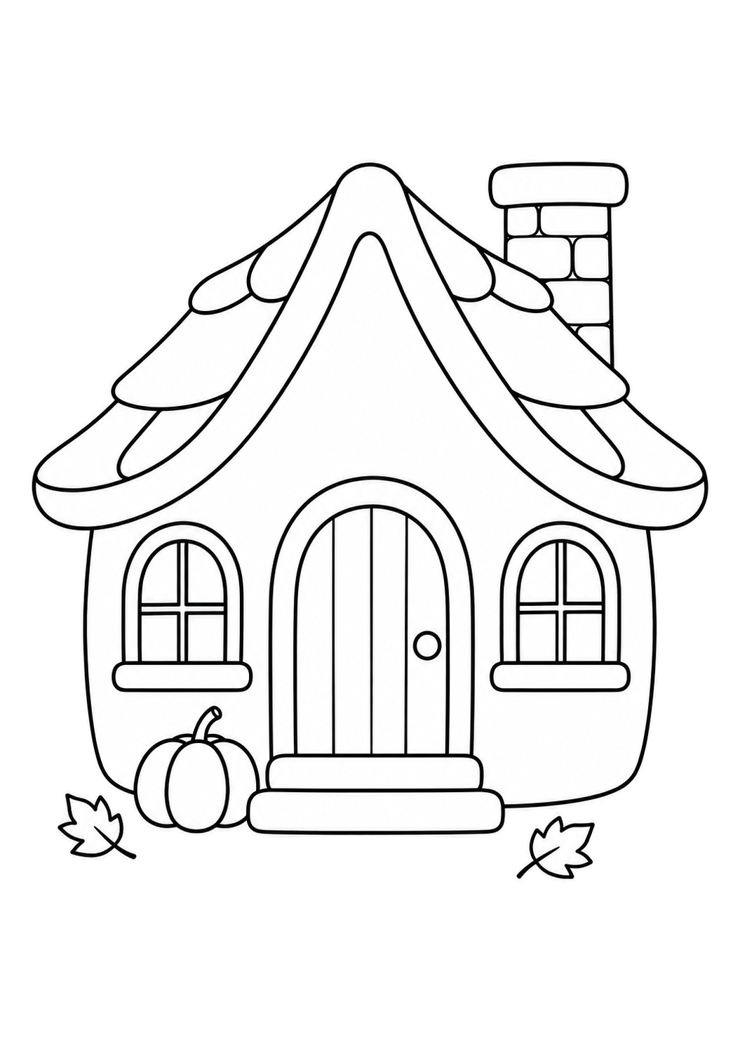 Petite maison avec porte arrondie, cheminée, citrouille et feuilles tombées.
