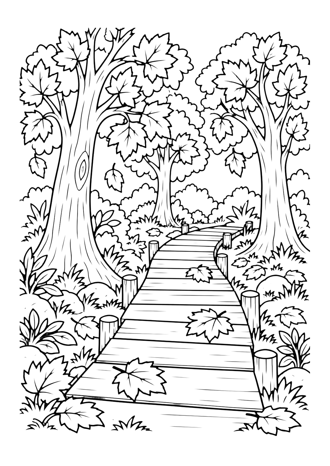 Dibujo de bosque de otoño para colorear con una pasarela corta de madera hecha con tablones anchos que cruza el suelo de un bosque otoñal, con árboles, hojas grandes, hierba y suelo cubierto de hojas. Ideal para niños, impresión, naturaleza y coloreado en línea.