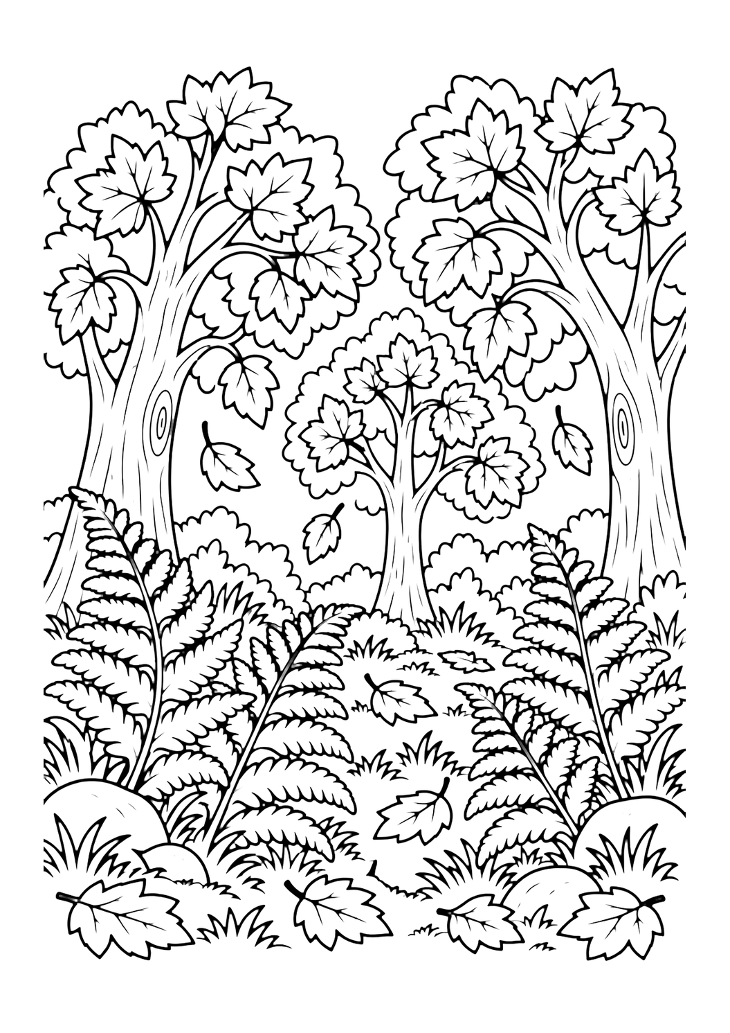 Dibujo de bosque de otoño para colorear con un pequeño claro del bosque con helechos grandes en primer plano, árboles de otoño detrás, hojas grandes esparcidas y hierba sencilla. Ideal para niños, impresión, naturaleza y coloreado en línea.