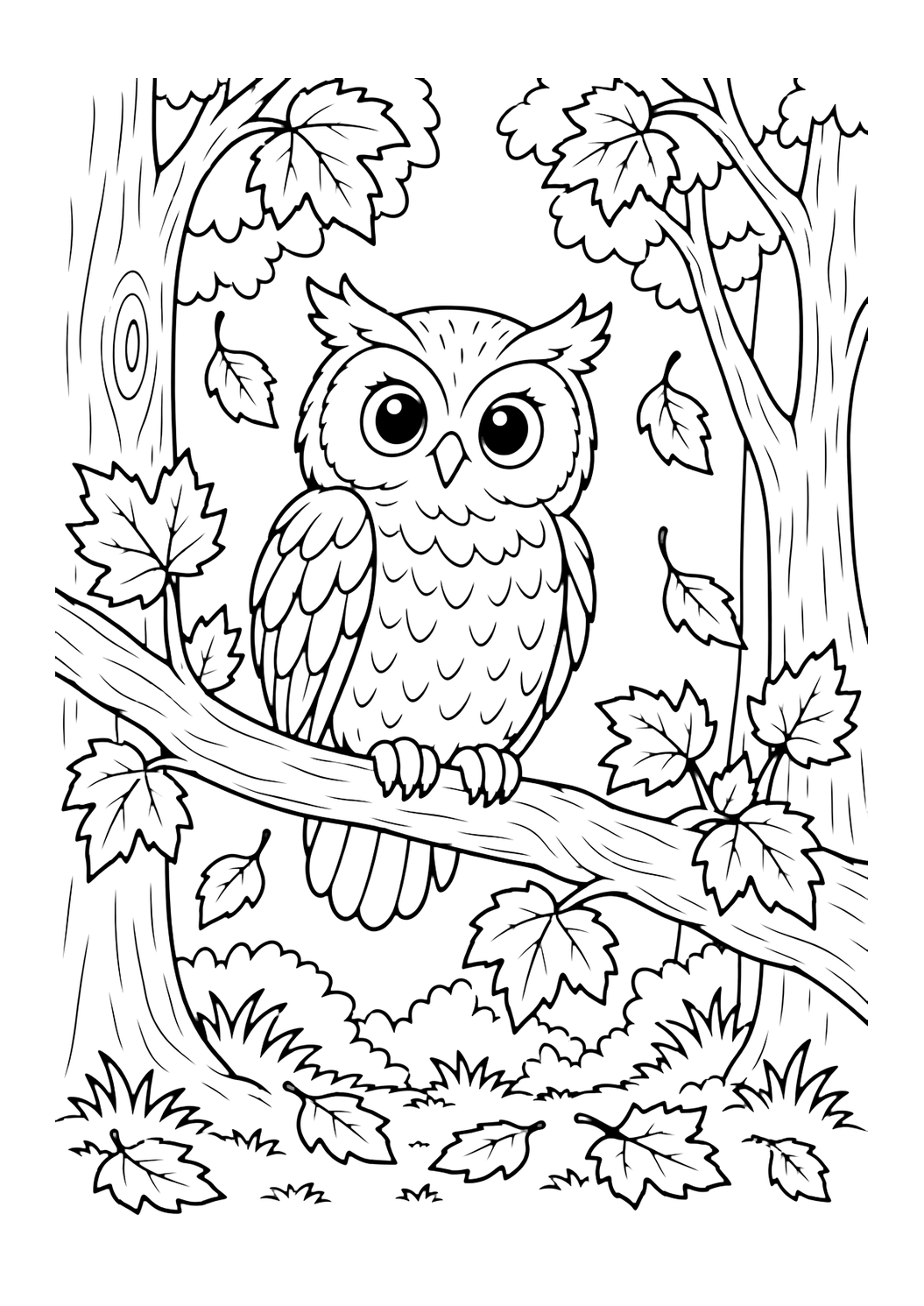 Coloriage de forêt d’automne avec un hibou amical perché sur une branche en forêt d’automne, avec grands yeux ronds, plumes simples, larges troncs et grandes feuilles qui tombent. Idéal pour enfants, impression, nature et coloriage en ligne.