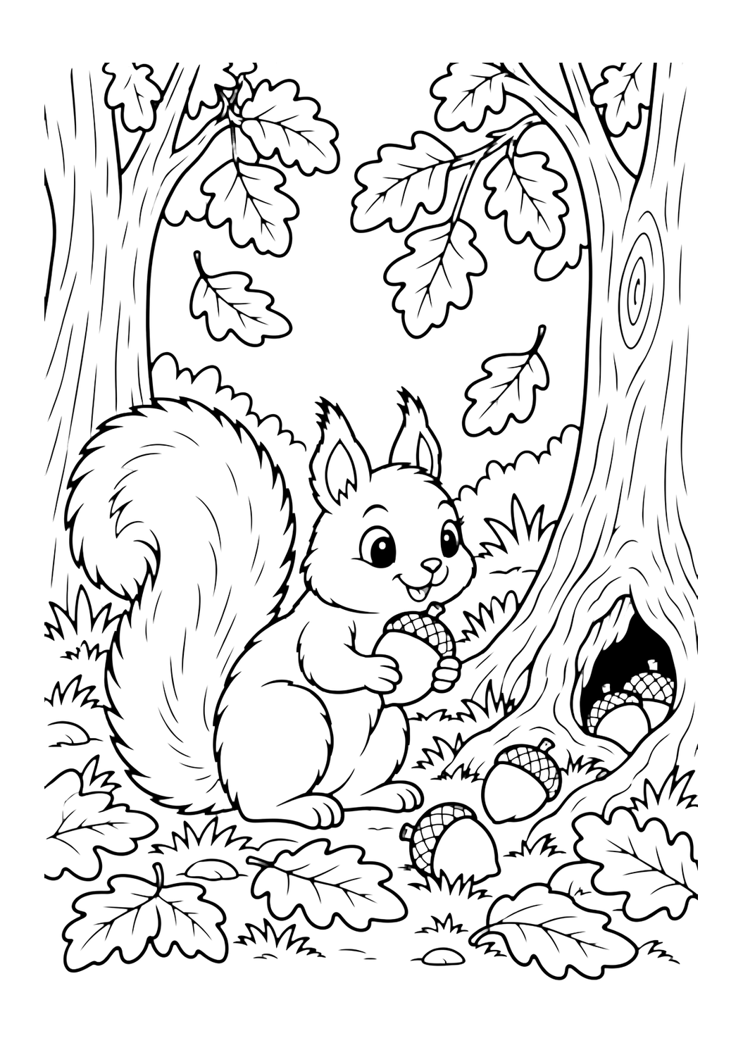 Coloriage de forêt d’automne avec un écureuil amical près des racines d’un arbre en forêt d’automne, tenant un gland, avec gros glands, feuilles tombées et larges troncs. Idéal pour enfants, impression, nature et coloriage en ligne.