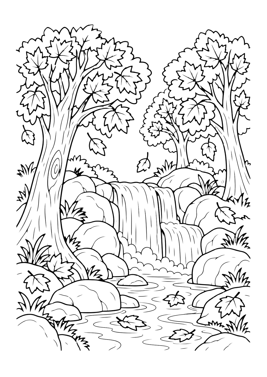 Herbstwald-Ausmalbild. Das Motiv zeigt einen kleinen Wasserfall über runden Felsen in einen flachen Bach, eingerahmt von Herbstbäumen, großen Blättern, Grasbüscheln und Waldboden. Geeignet für Kinder, Ausdrucke, Naturthemen und Online-Ausmalen.