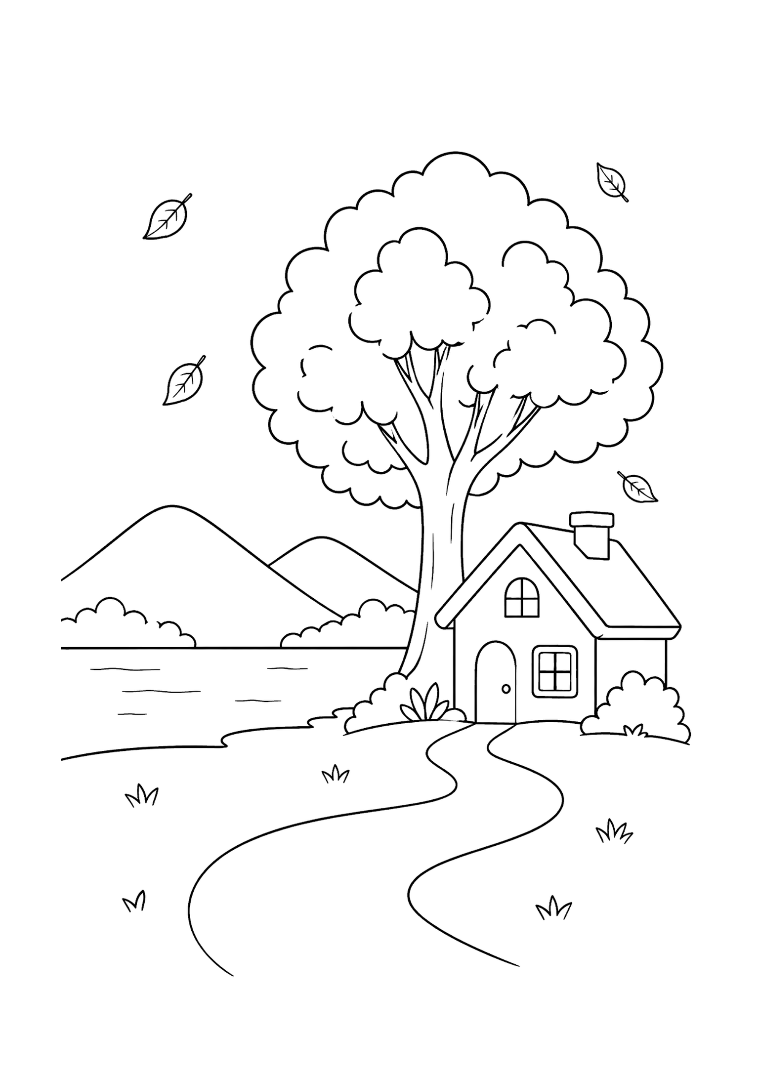 Coloriage de paysage d’automne au bord du lac