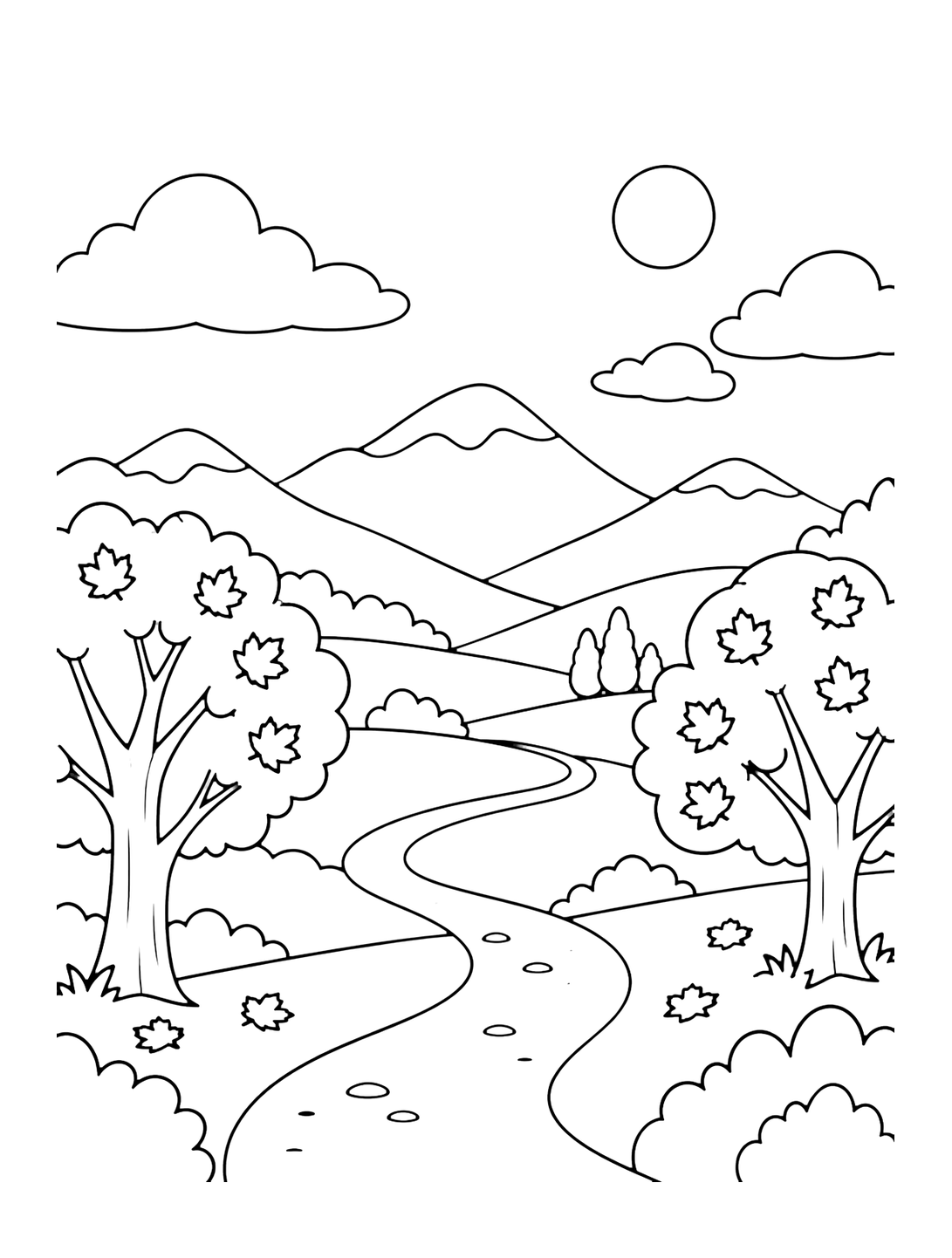 Herbstlandschaft-Ausmalbild. Das Motiv zeigt runde Berge in der Ferne, einen geschwungenen Weg durch ein offenes Tal, einige große Herbstbäume und einen weiten Himmel. Geeignet für Kinder, Ausdrucke, Herbstthemen und Online-Ausmalen.