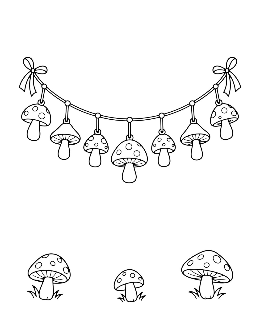 Coloriage de champignons d'automne avec une guirlande doucement courbée avec plusieurs grands champignons d'automne suspendus et quelques petites formes de feuilles dessous. Idéal pour enfants, impression, automne, motifs et coloriage en ligne.
