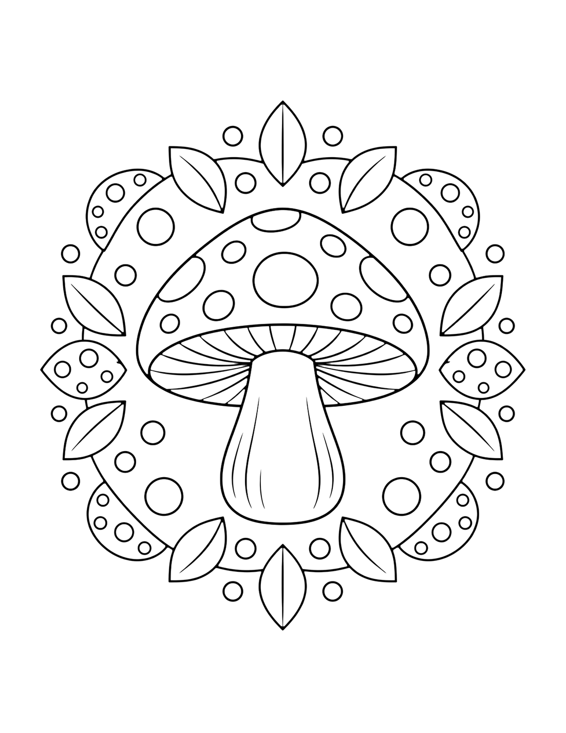 Coloriage de champignons d'automne avec un grand champignon d'automne dans un mandala circulaire simple avec larges formes, points sur le chapeau et espaces blancs. Idéal pour enfants, impression, automne, motifs et coloriage en ligne.