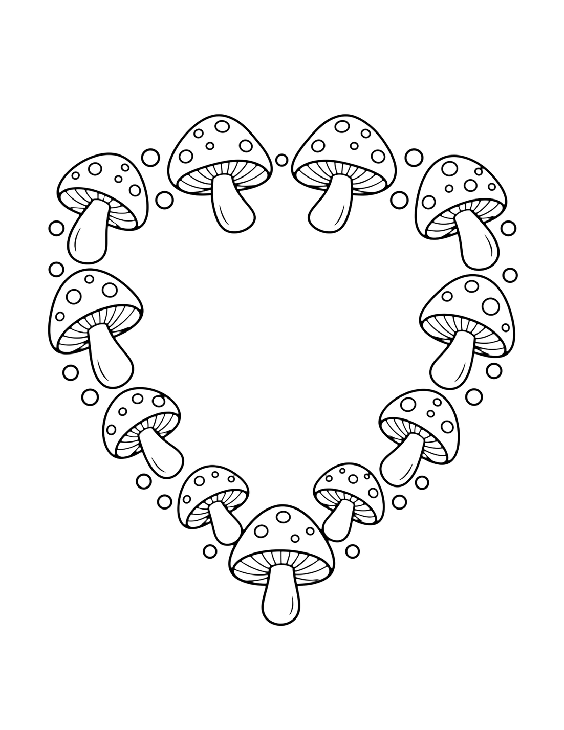Coloriage de champignons d'automne avec un simple contour de coeur formé par de grands champignons d'automne séparés, avec un centre presque vide et quelques petits points de feuilles. Idéal pour enfants, impression, automne, motifs et coloriage en ligne.