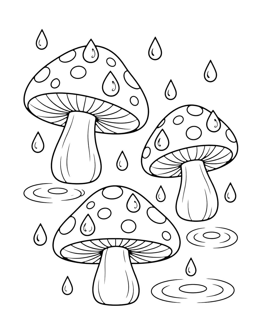 autumn mushrooms with raindrops coloring page with three large autumn mushrooms standing separately with a few round raindrops and simple puddle rings nearby