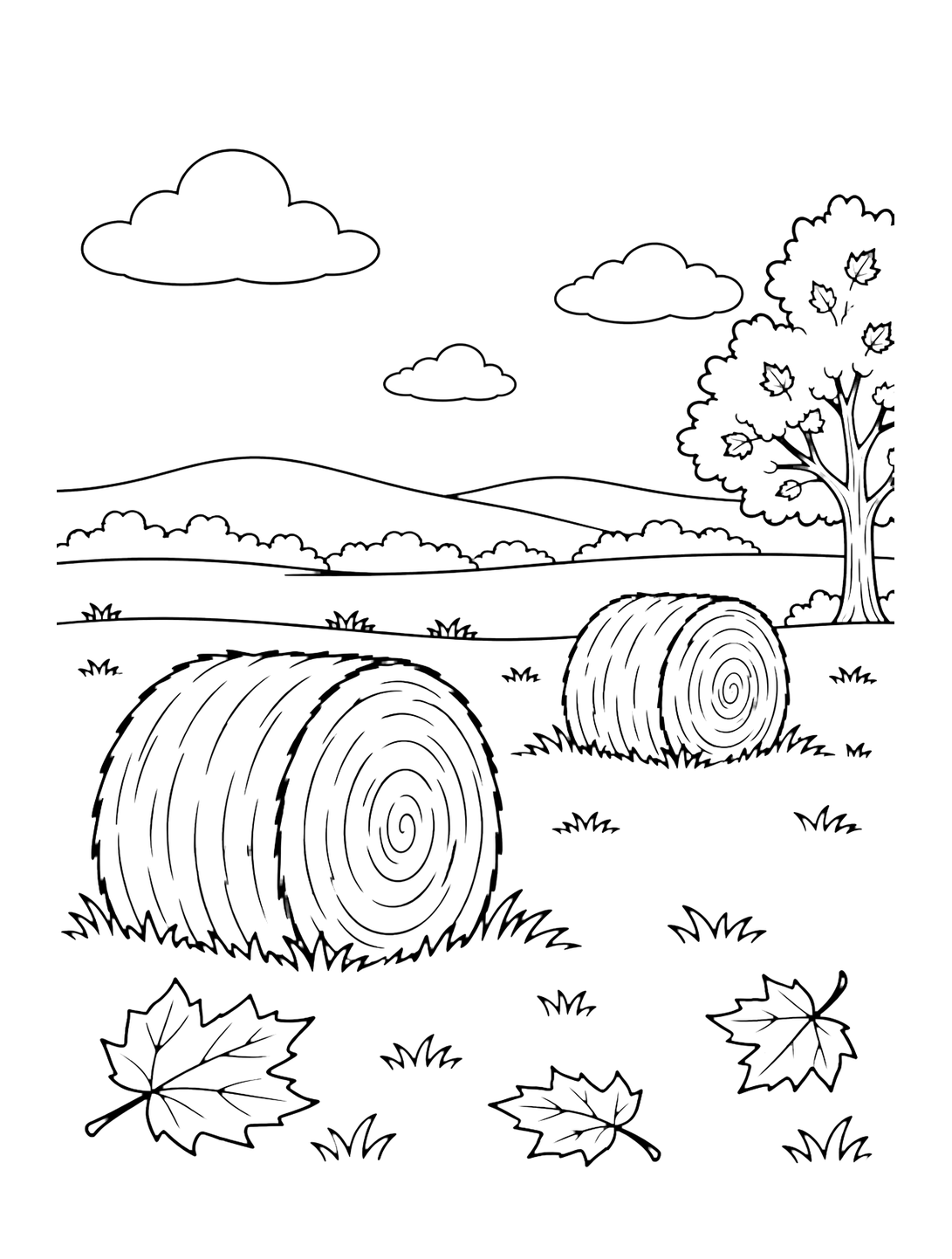 autumn open field landscape coloring page with a wide open field with two large round hay bales, distant low hills, one autumn tree at the side, a few large leaves, and spacious sky