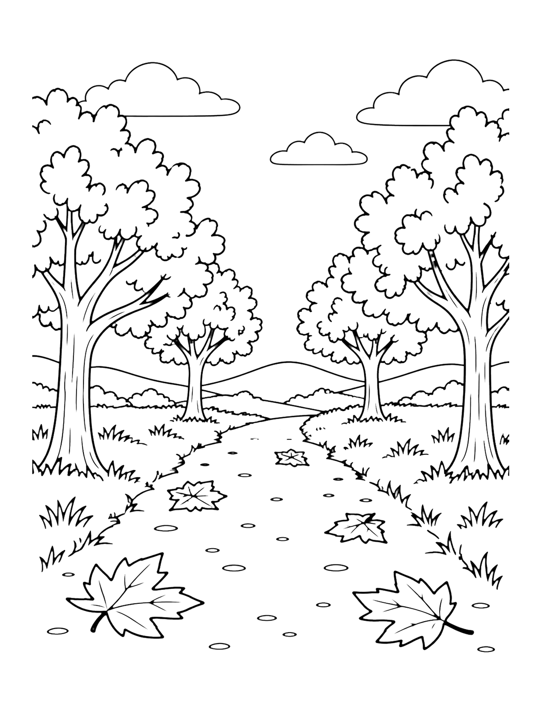 autumn orchard path landscape coloring page with a wide path through a small orchard with four spaced autumn trees, a few large leaves on the ground, distant hills, and open sky
