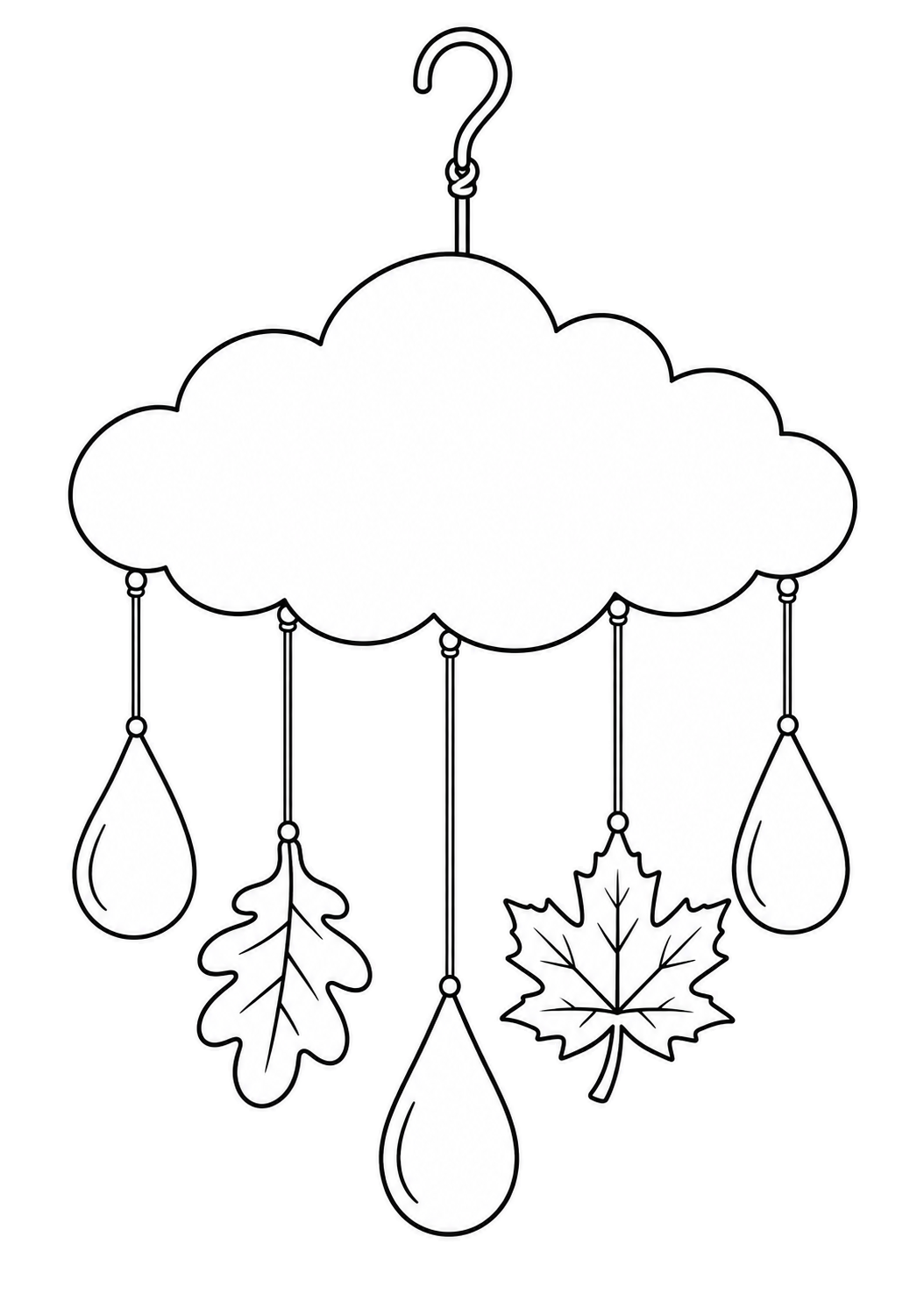 Mobile en forme de nuage suspendu à un crochet, avec trois grandes gouttes et deux feuilles d’automne sur des fils séparés.