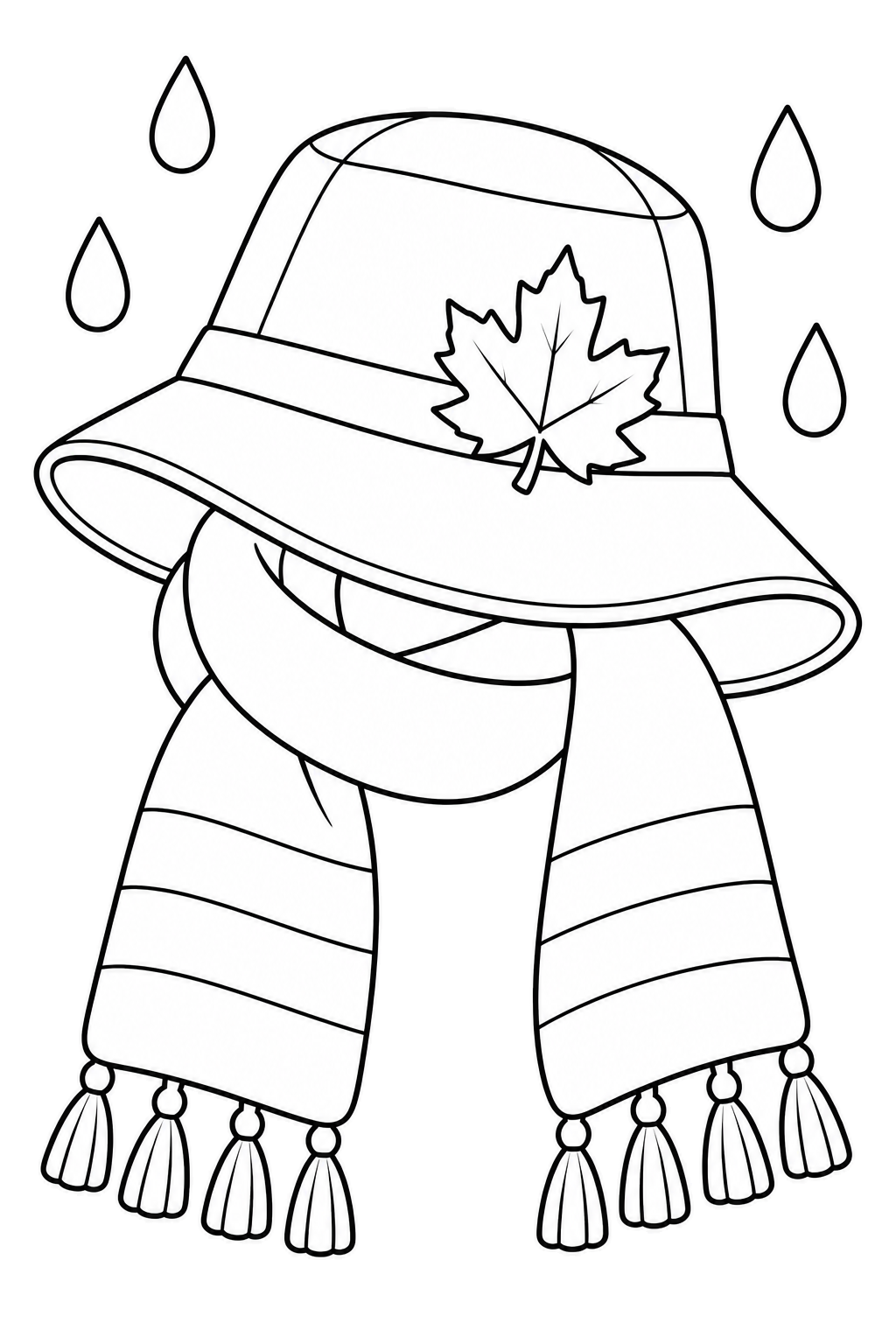 A bucket rain hat with a maple leaf rests on a looped striped scarf with tassels, surrounded by raindrops.