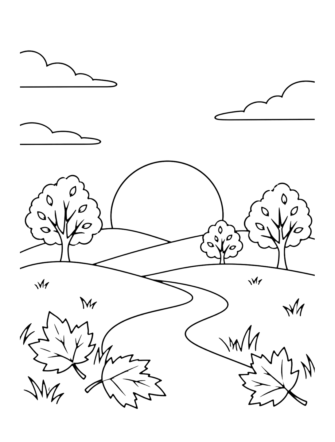 Coloriage de paysage d'automne avec un grand soleil rond qui se couche au-dessus de collines douces, trois arbres d'automne simples, un chemin calme, quelques grandes feuilles et beaucoup de ciel ouvert. Idéal pour enfants, impression, automne et coloriage en ligne.