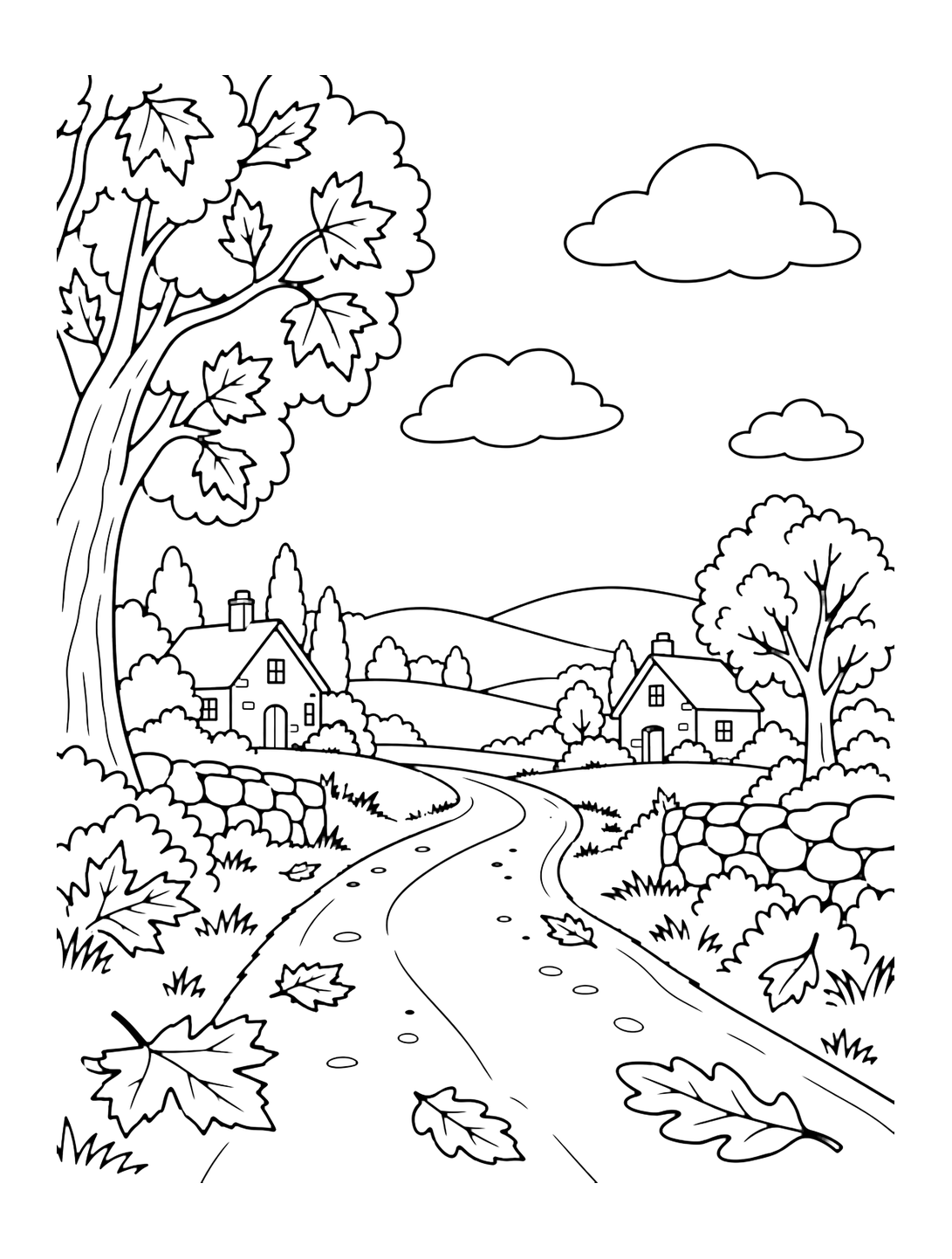 autumn village lane landscape coloring page with a quiet lane between two small distant cottages, a few autumn trees, low rolling hills, scattered large leaves, and open sky
