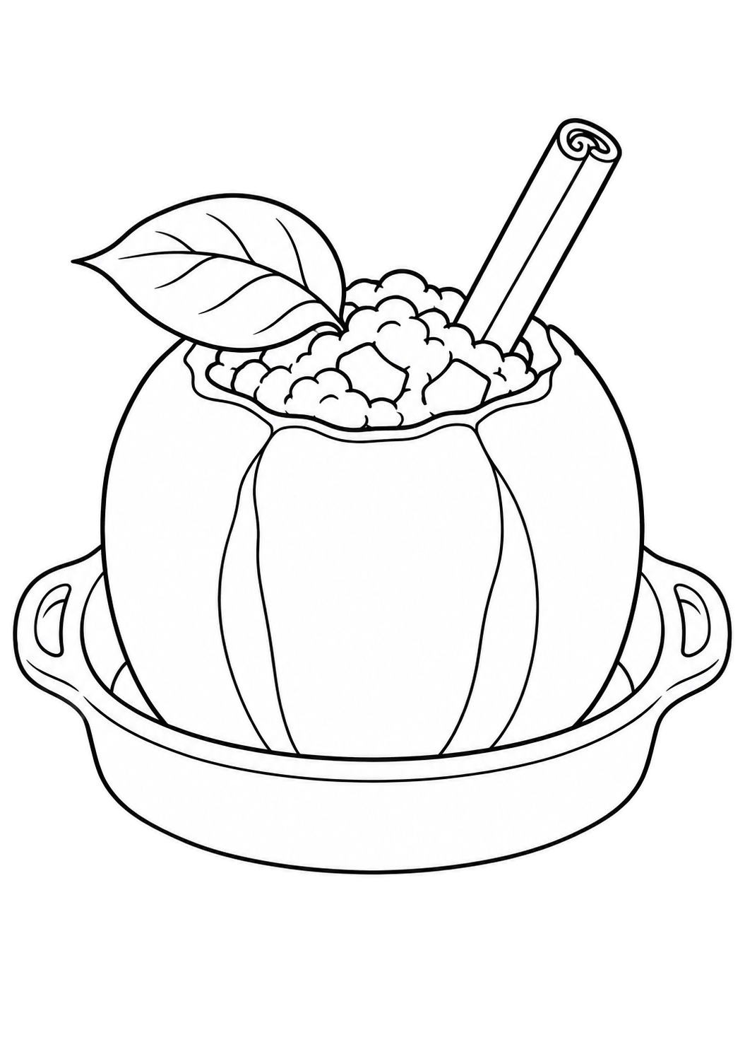 Manzana asada rellena con una rama de canela y una hoja en una fuente con asas.