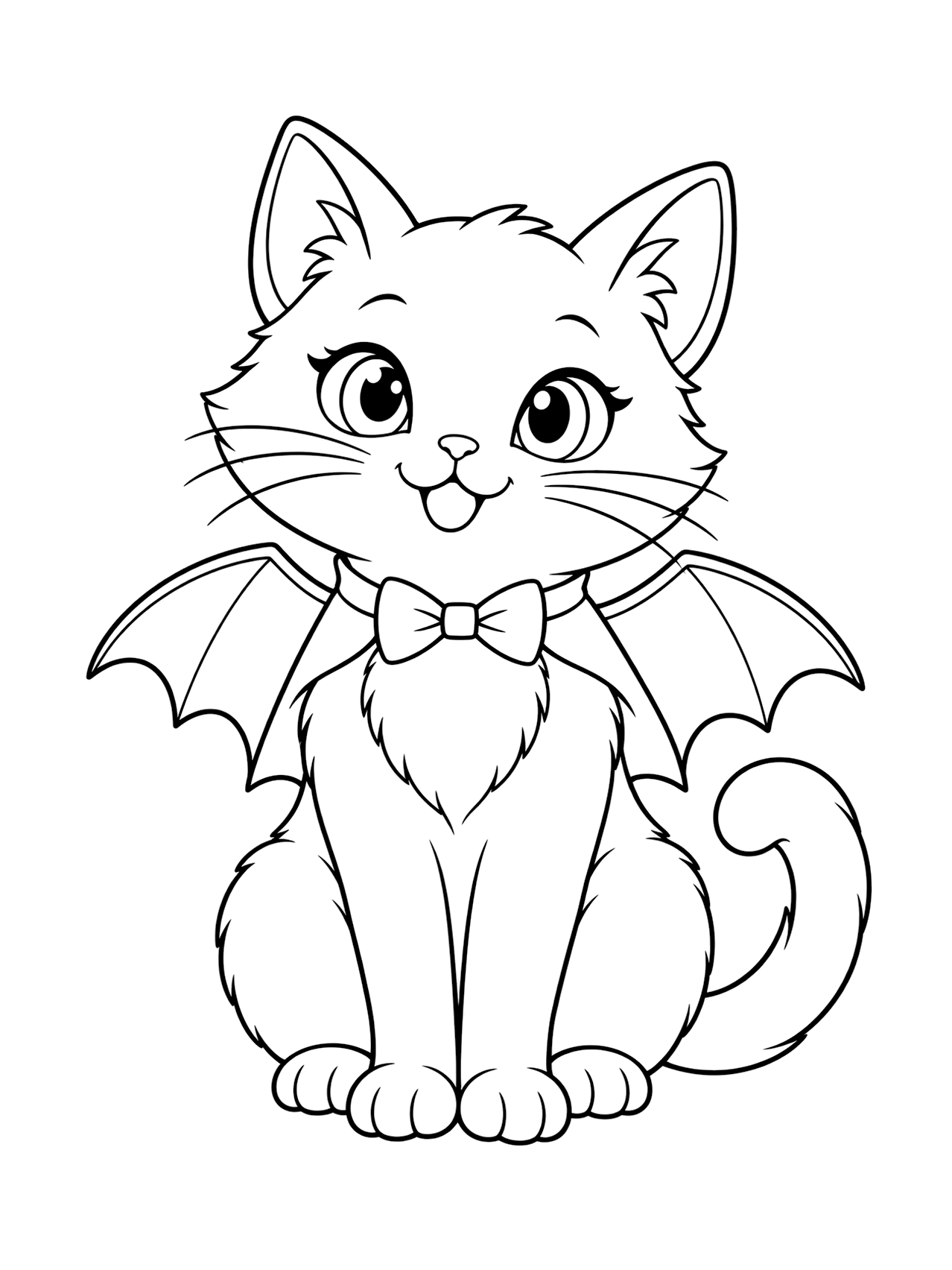 Chat avec cape de chauve-souris à colorier avec un chat assis avec une cape aux ailes de chauve-souris, de larges panneaux festonnés, un petit nœud papillon, de grandes oreilles et une queue enroulée, dessiné en lignes noires sur fond blanc