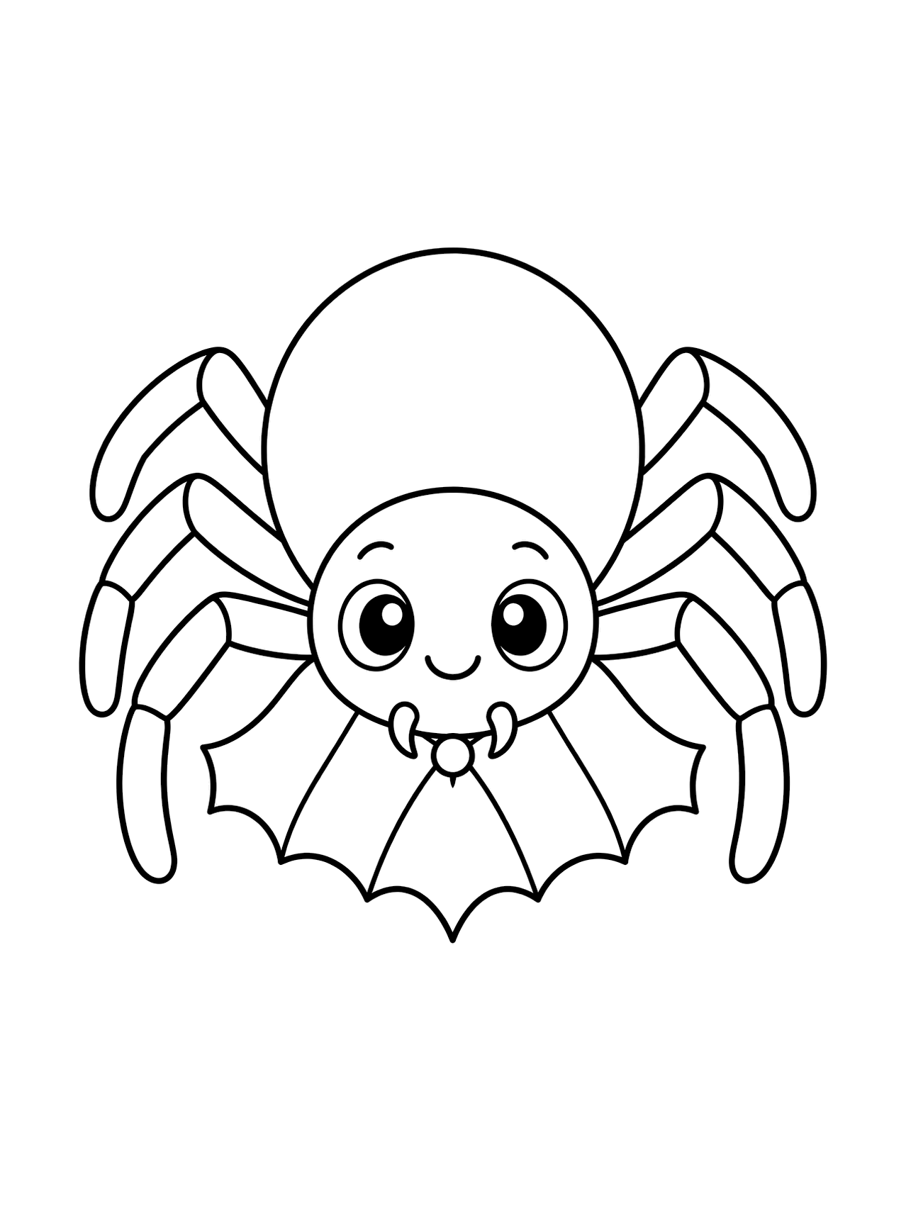 Ausmalbild: Spinne mit Fledermausumhang: eine niedliche Spinne mit einem gezackten Fledermausumhang, acht runden Beinen, großen Augen und breiten Umhang-Flächen; schwarze Linienzeichnung auf weißem Hintergrund