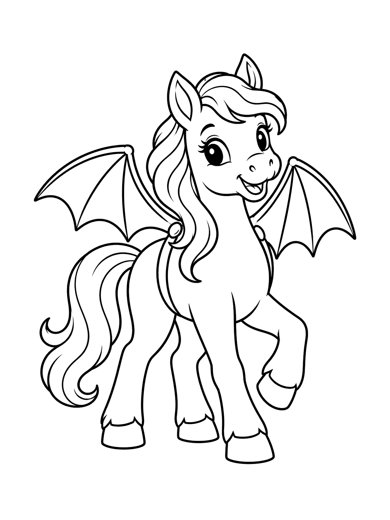 Bat Wing Pony Coloring Page with one central horse, broad coloring spaces, simple Halloween costume detail, and a white background
