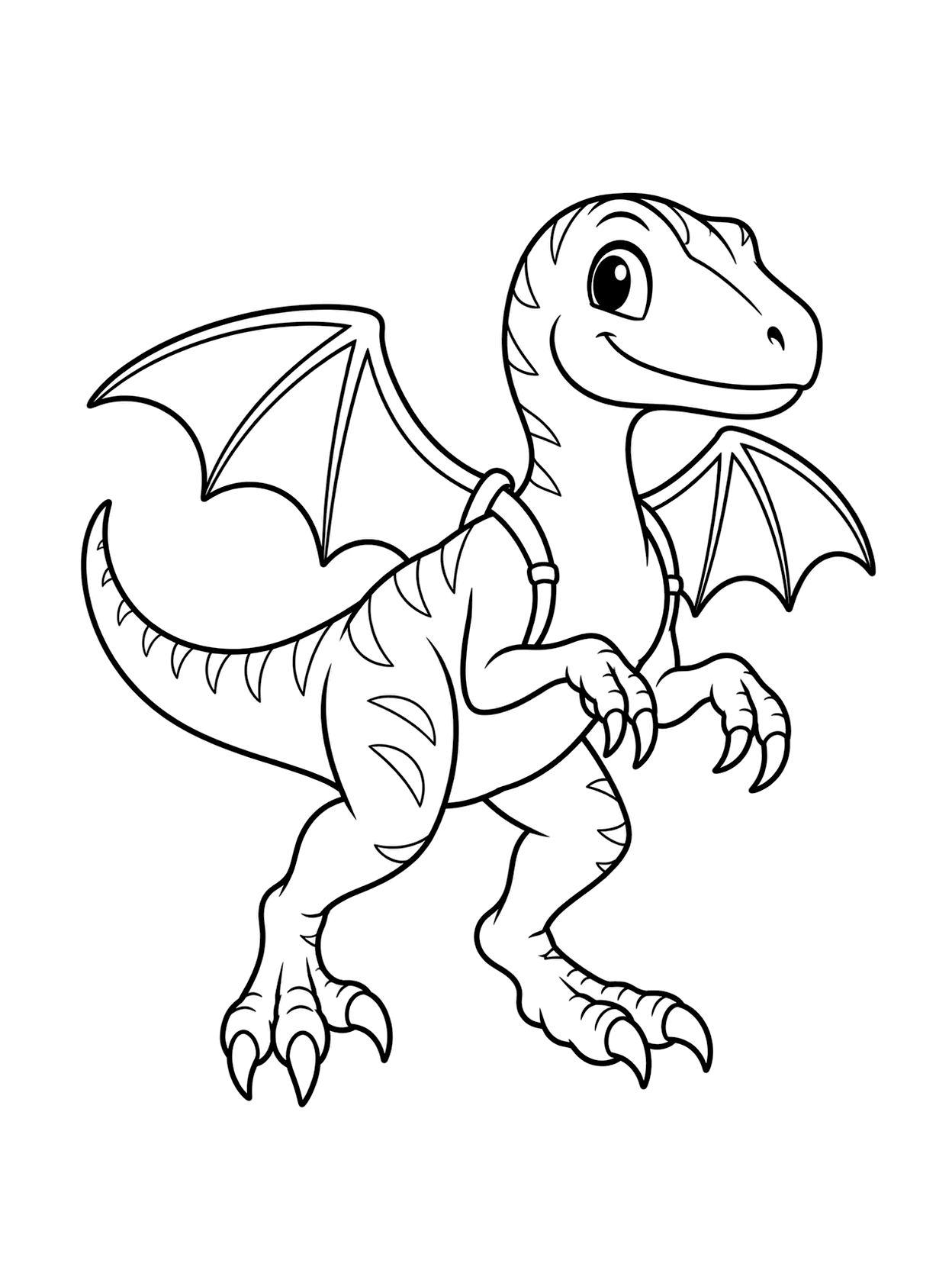 Raptor con alas de murciélago para colorear con un dinosaurio central, espacios amplios para colorear, detalle sencillo de Halloween y fondo blanco