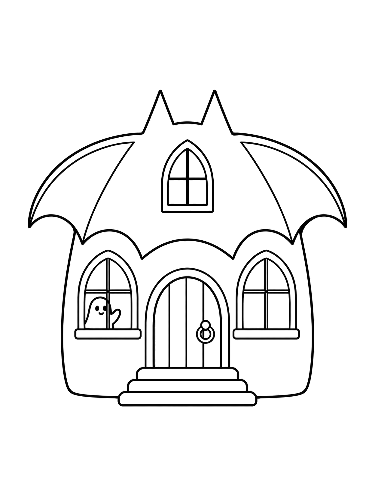 Dibujo de una casa con tejado de alas de murciélago, tres ventanas, puerta arqueada, escalones y un fantasma en la ventana izquierda