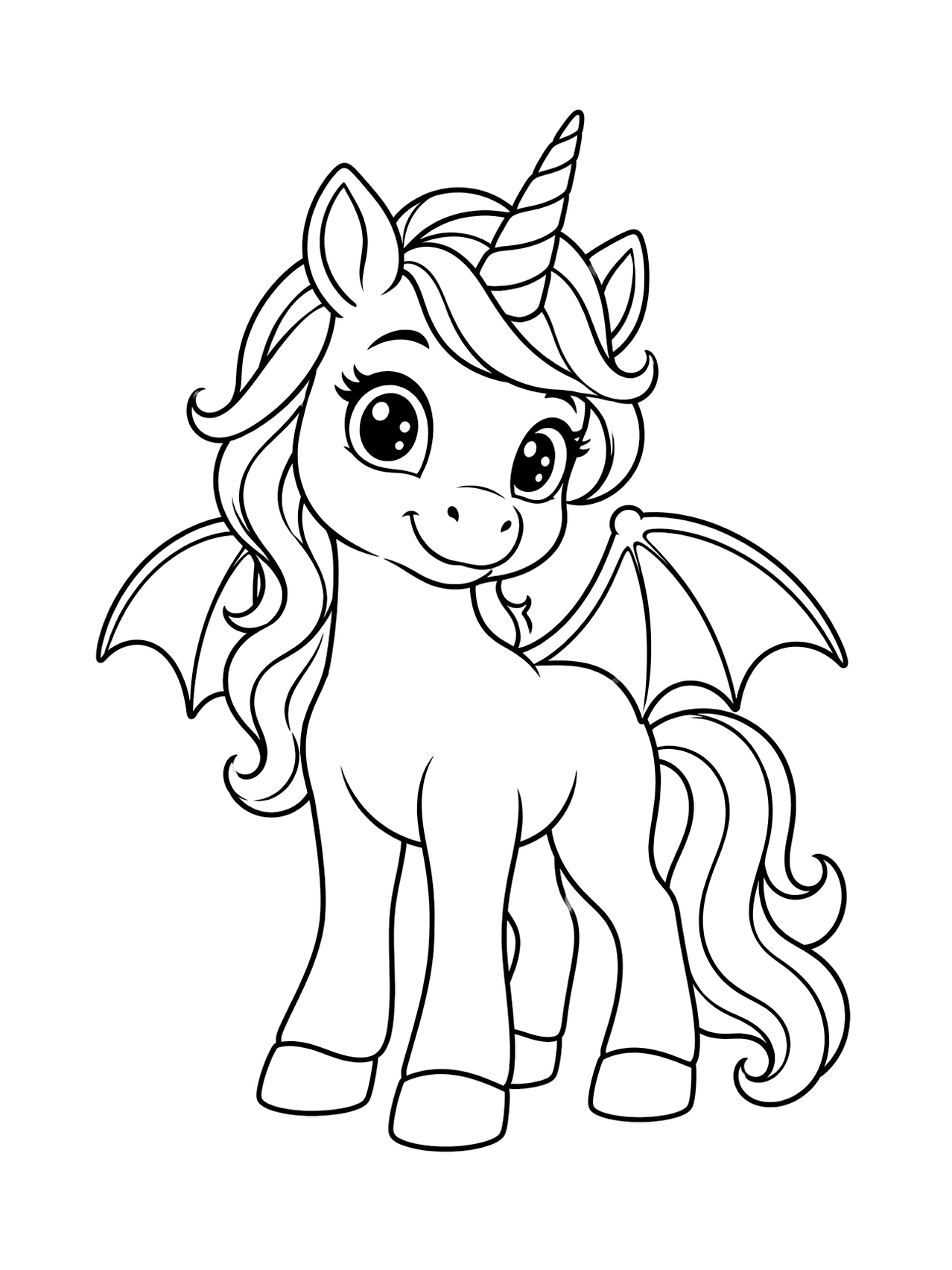 Bat Wing Unicorn Coloring Page with a cute Halloween unicorn with two small folded bat wings attached to the body, a striped horn, flowing mane, rounded body, and simple hooves, drawn as black line art on a white background