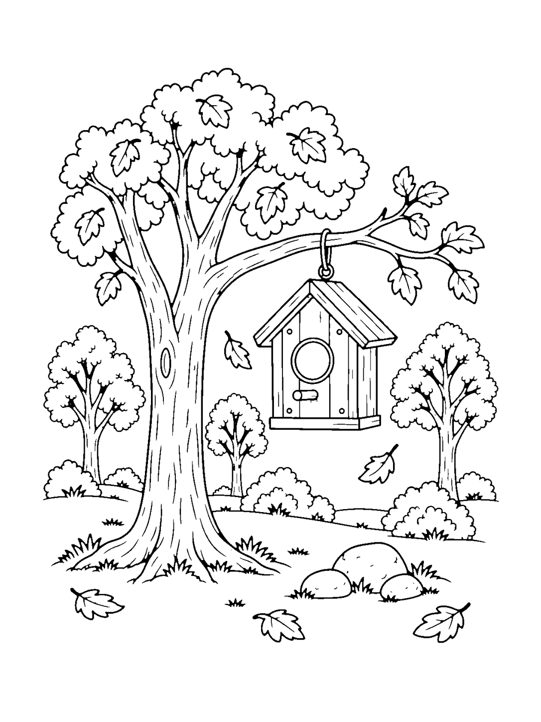 Birdhouse in Autumn Forest, black-and-white coloring page.