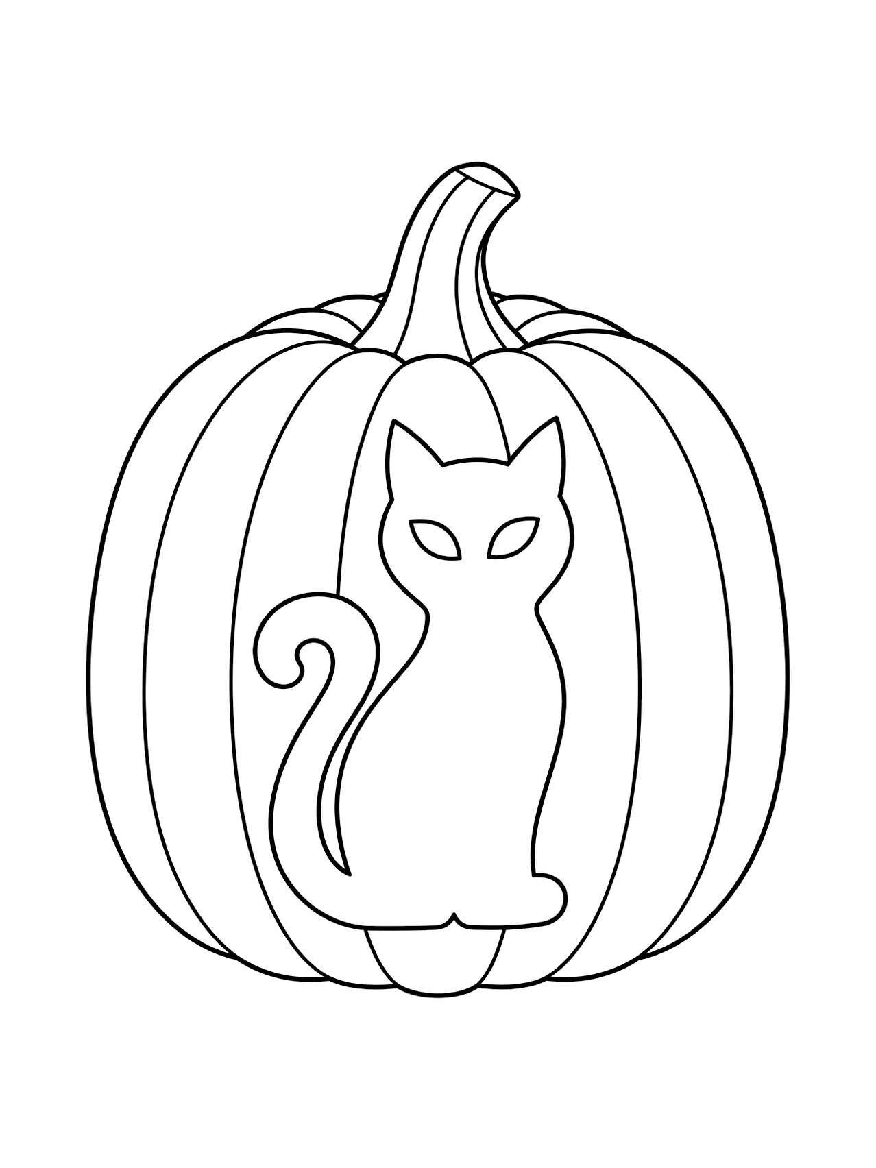 Calabaza con gato tallado para colorear con una silueta de gato sentado con orejas puntiagudas, ojos almendrados y cola enroscada, dibujada con líneas negras sobre fondo blanco