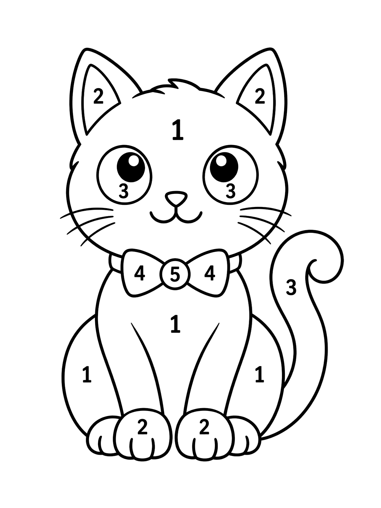 Gatto nero da colorare con i numeri con un oggetto centrale di Halloween, numeri chiari, ampi spazi da colorare e sfondo bianco